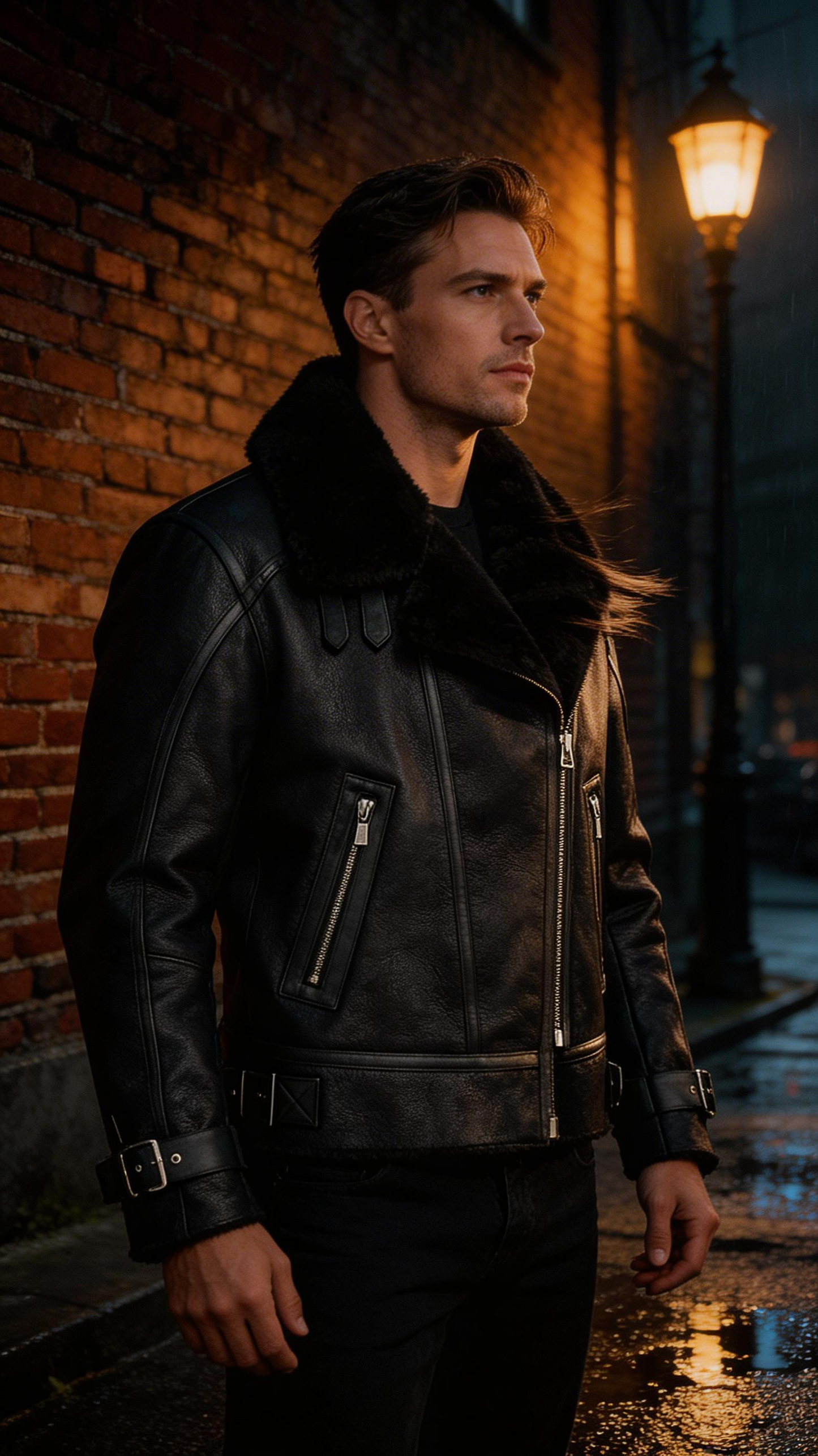 Lamb Leather Black Biker Jacket with Fur for Men