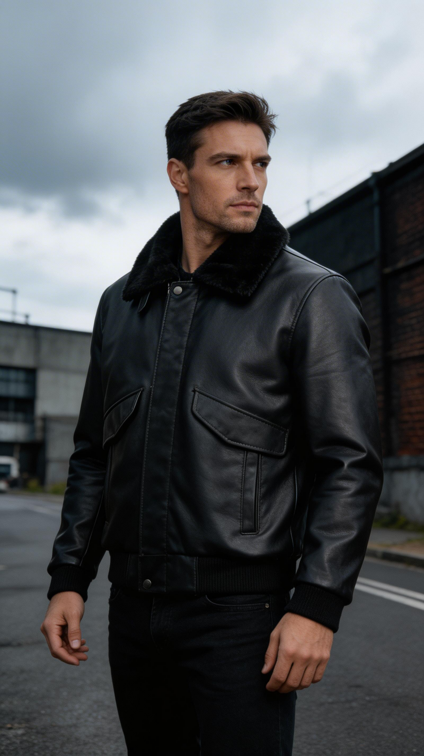 Lamb Leather with Fur Black Leather Jacket for Men