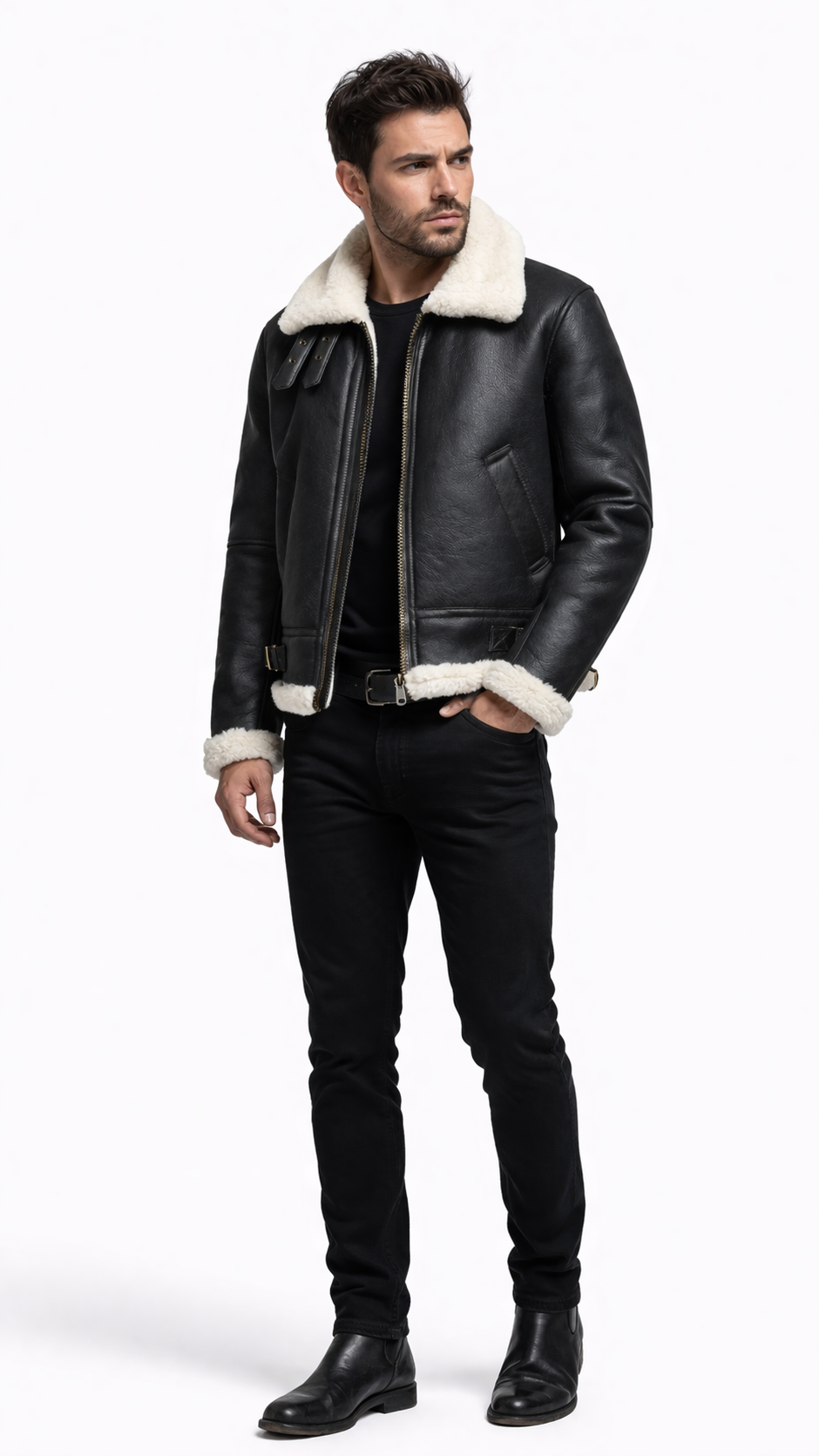 Fur Leather Black Leather Jacket for Men