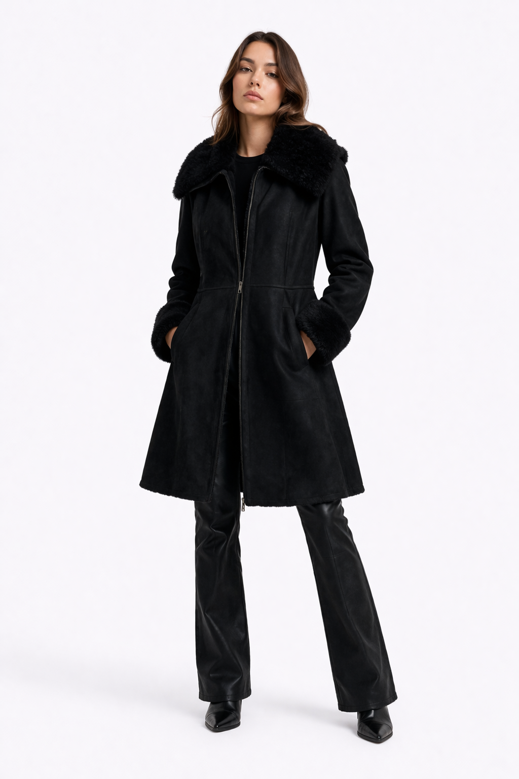 Fur Leather Black Coat Jacket for Women