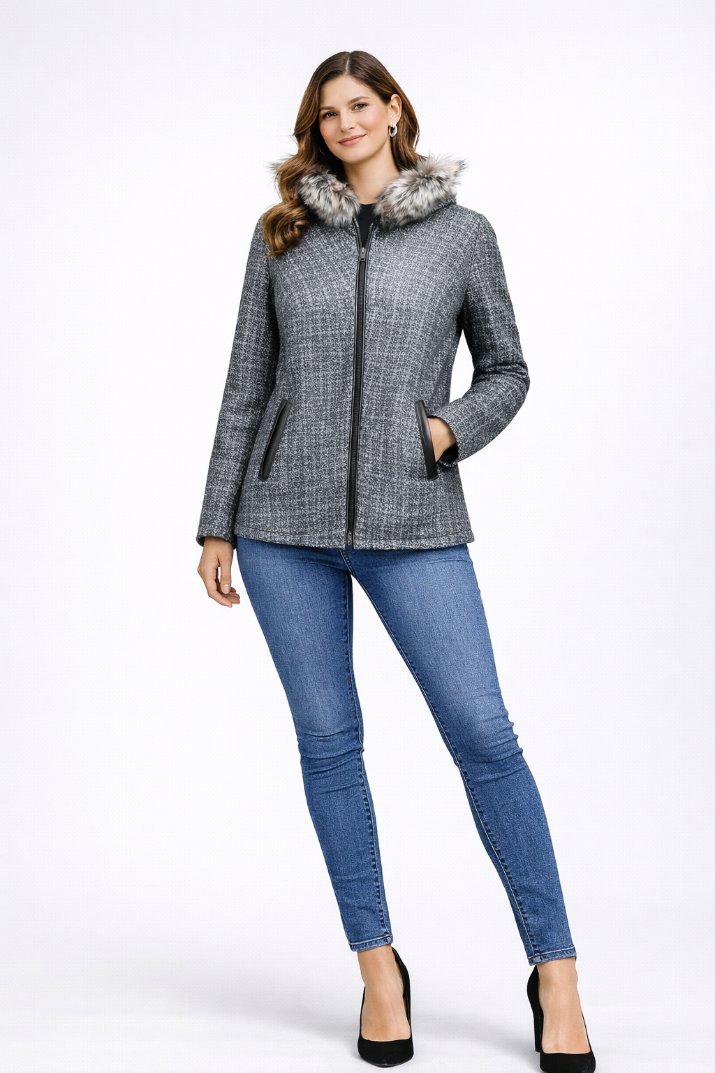 Women's Leather Jacket with Furry Lambskin and Digital Print