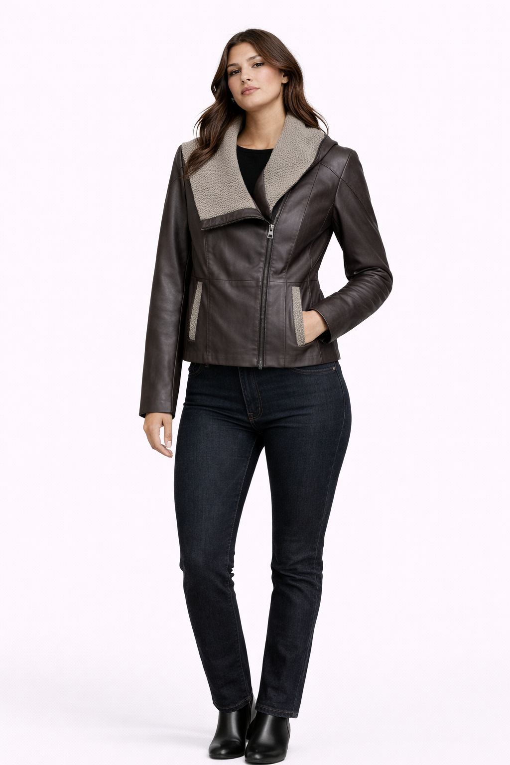 Lamb Leather Dark Brown Leather Jacket for Women