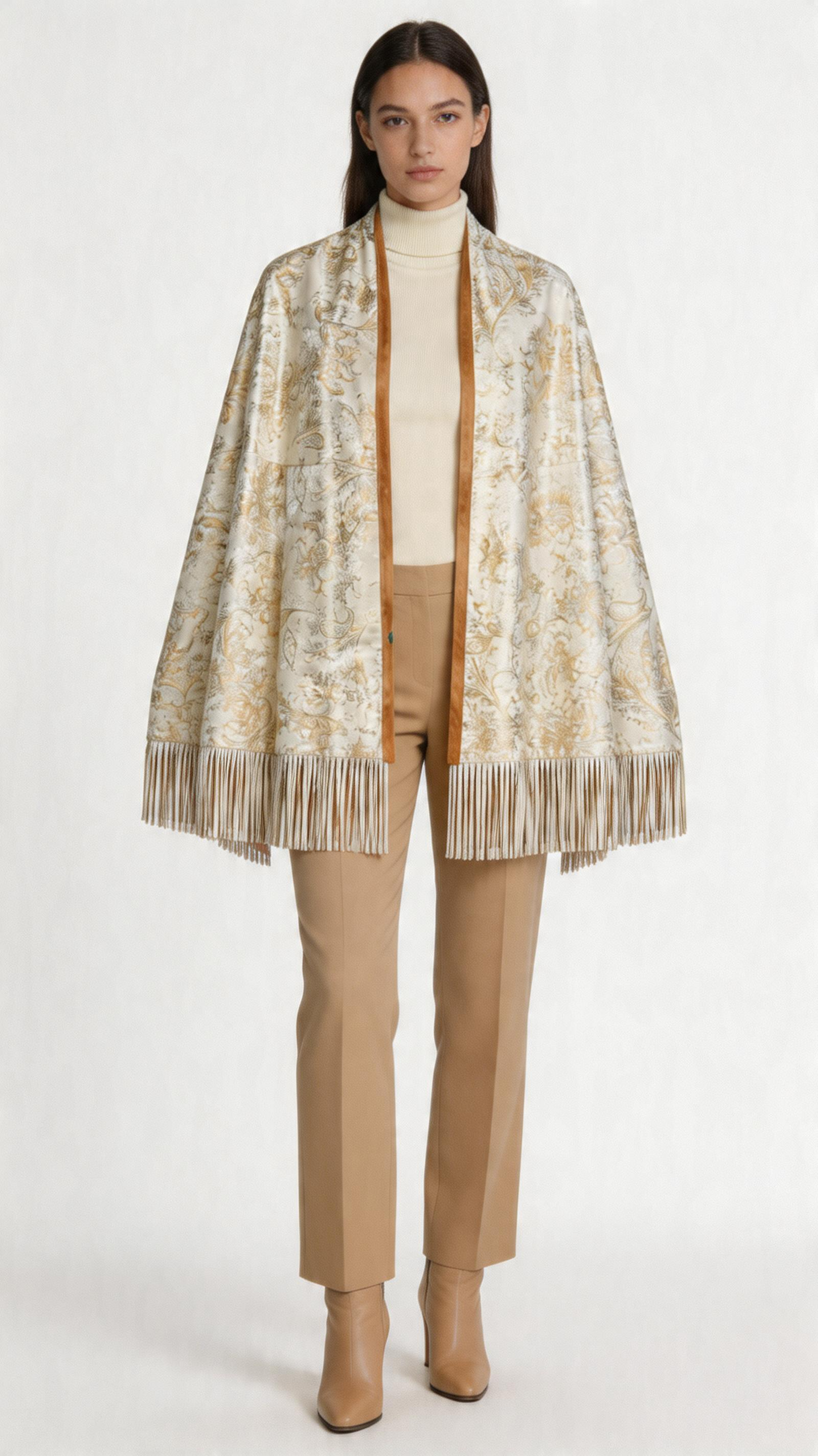 Lamb Leather Beige White Poncho for Women