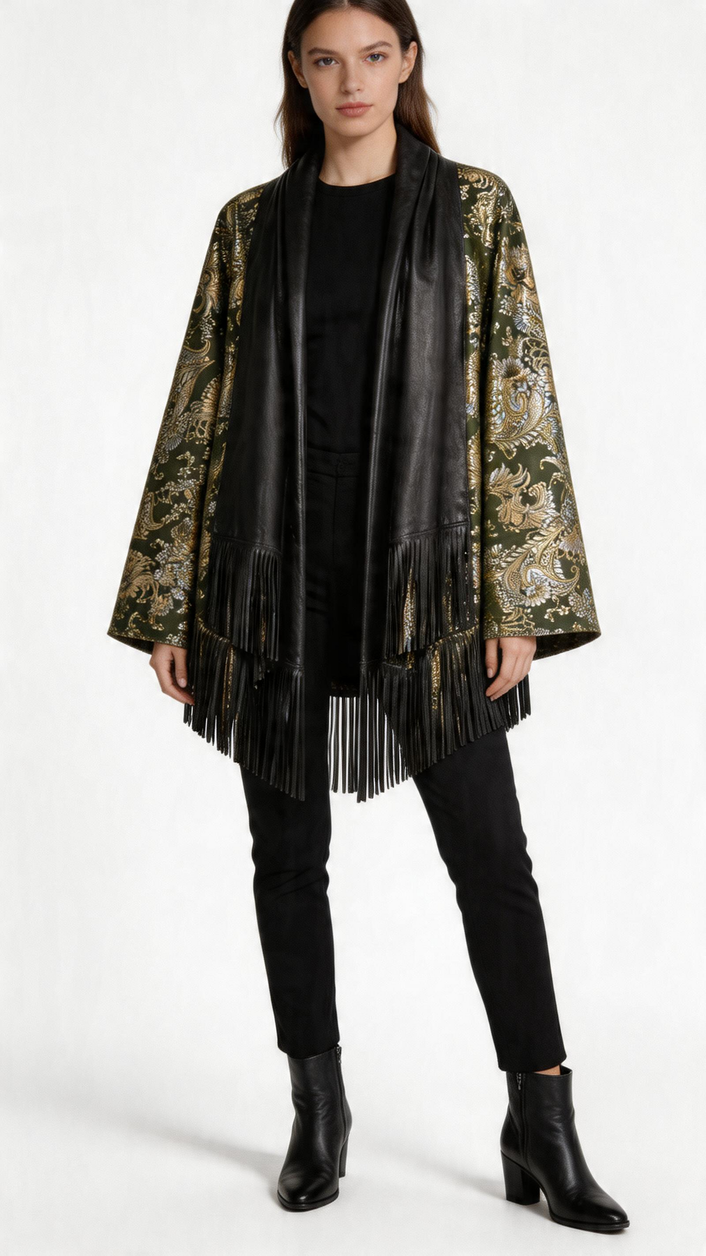 Lamb Leather Black Gold Poncho for Women