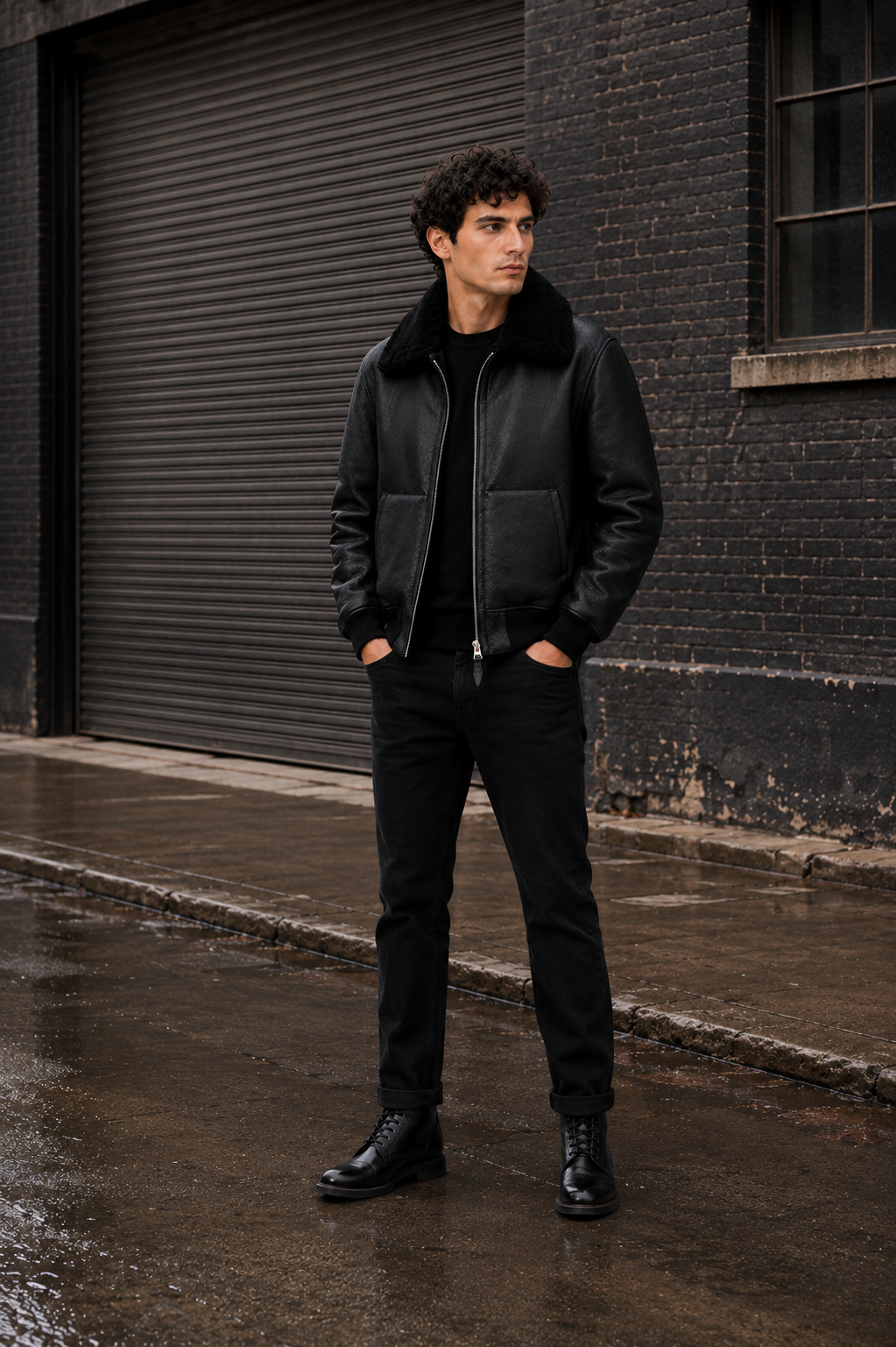 Lamb Fur Black Leather Jacket for Men