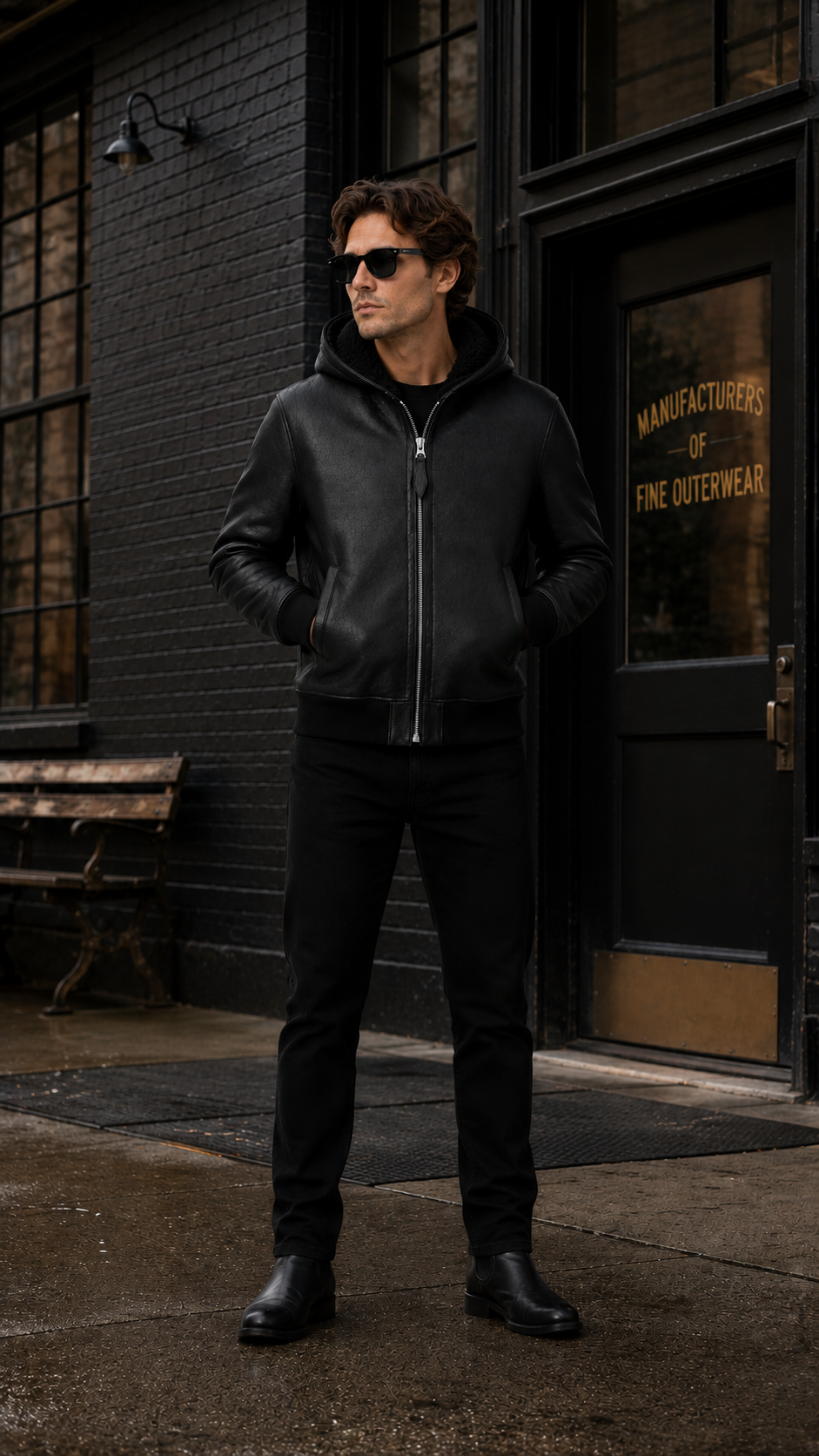 Lamb Leather Fur Black Hooded Jacket for Men