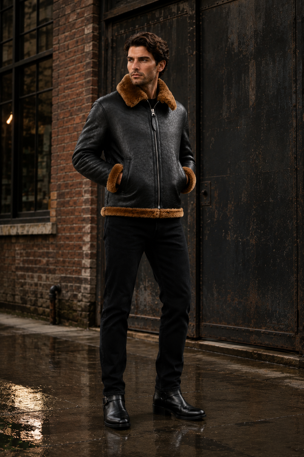 Lamb Leather Fur Black Jacket for Men