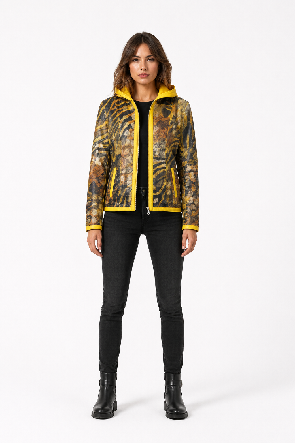 Lamb Leather Reversible Yellow Leather Hooded Jacket for Women