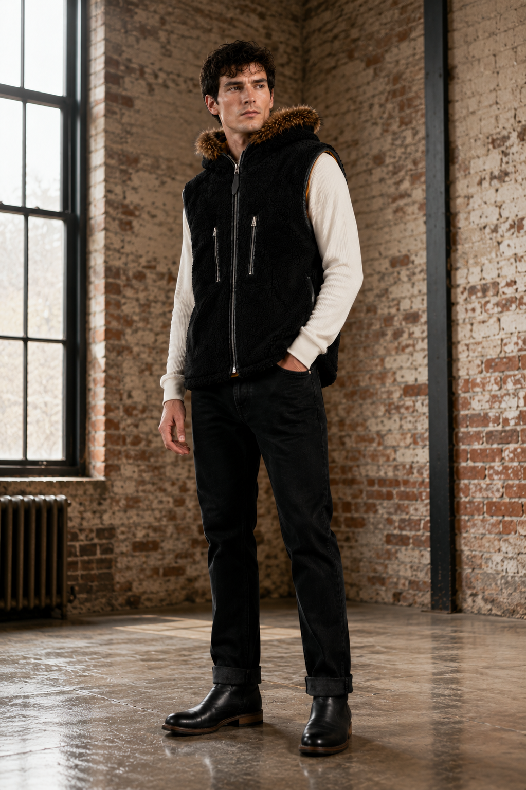 Lamb Fur and Leather Suede Waistcoat for Men