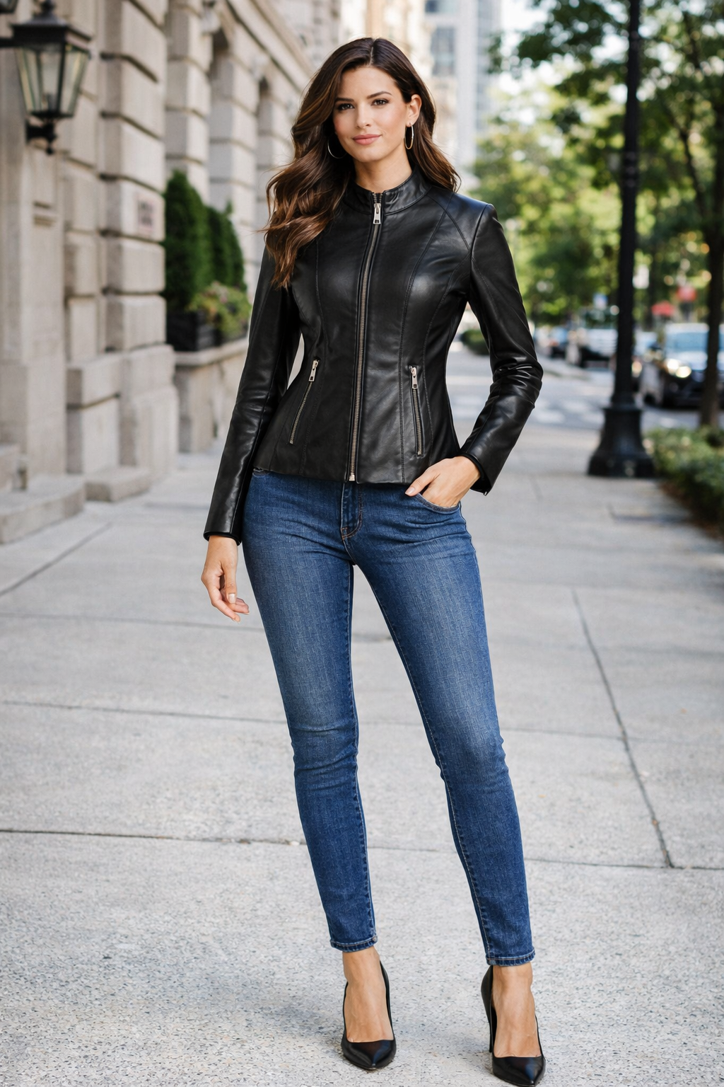 Black Lamb Zig Leather Women Sporty Leather Jacket