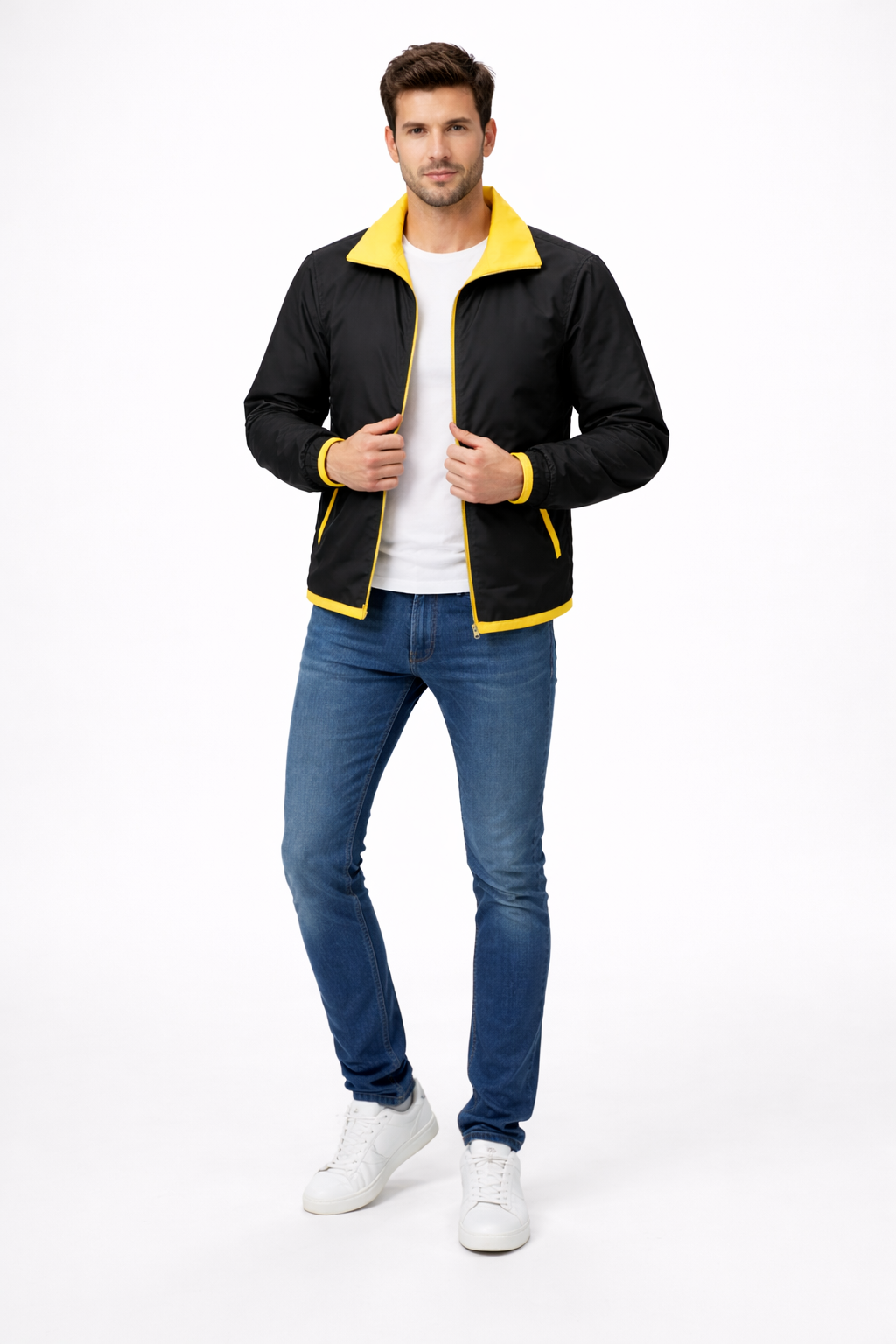 Reversble Lamb Leather and Windproof Fabric Yellow and Black Jacket for Men