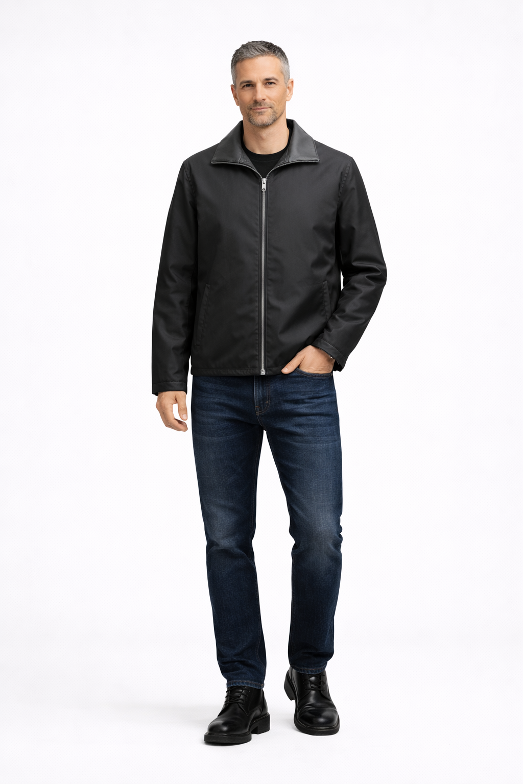 Reversble Lamb Leather and Windproof Fabric Black Jacket for Men