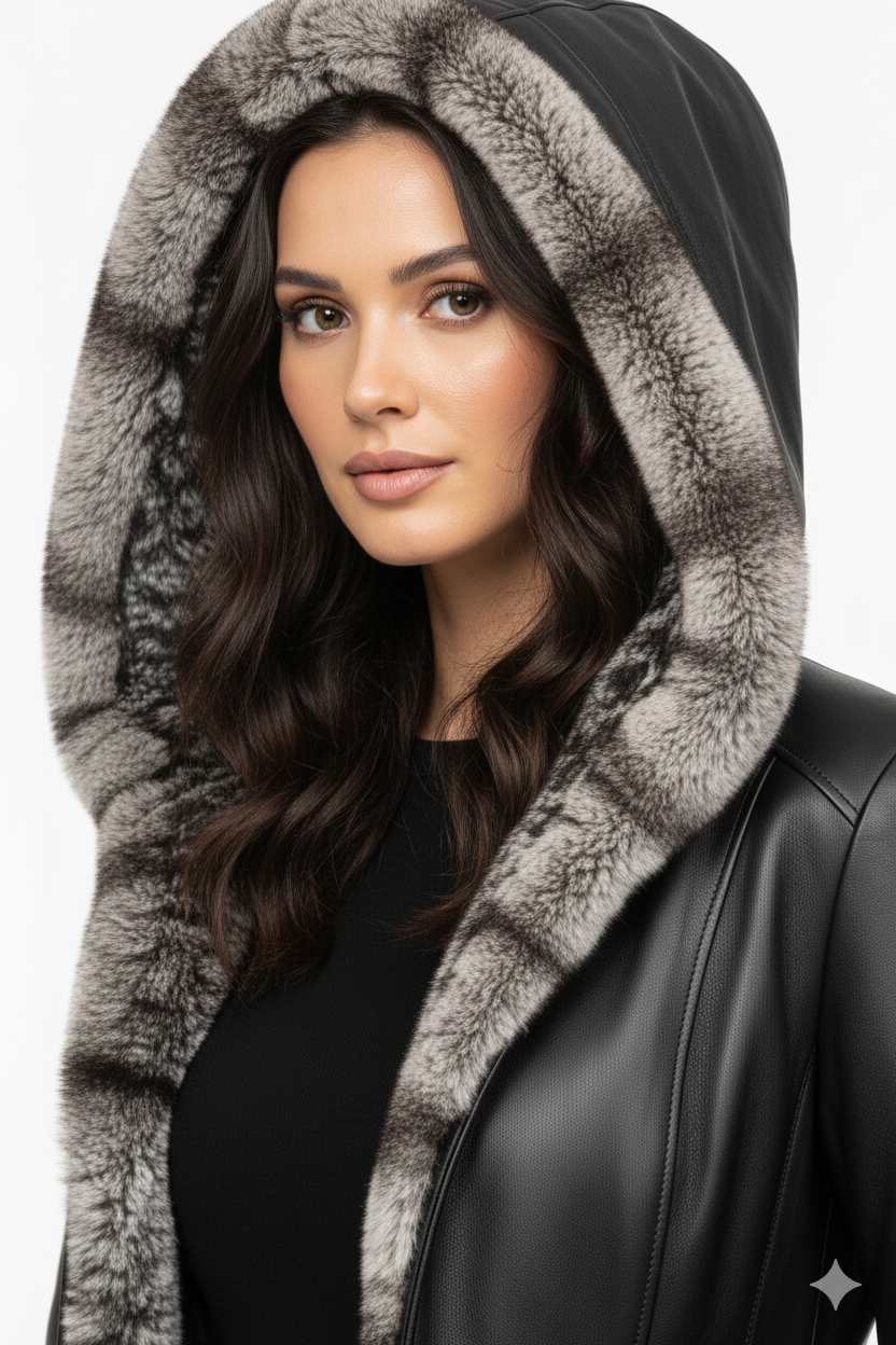 Lamb Leather Black Leather with Rex Fur Jacket for Women Long Model