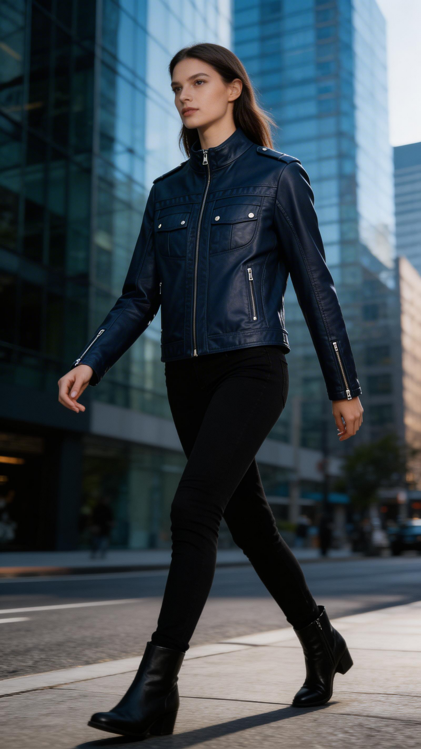 Lamb Leather Navy Leather Jacket for Women