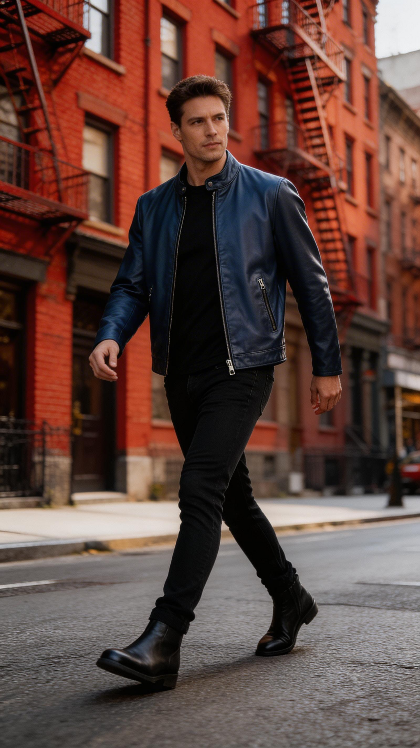 Lamb Leather Navy Blue Leather Jacket for Men