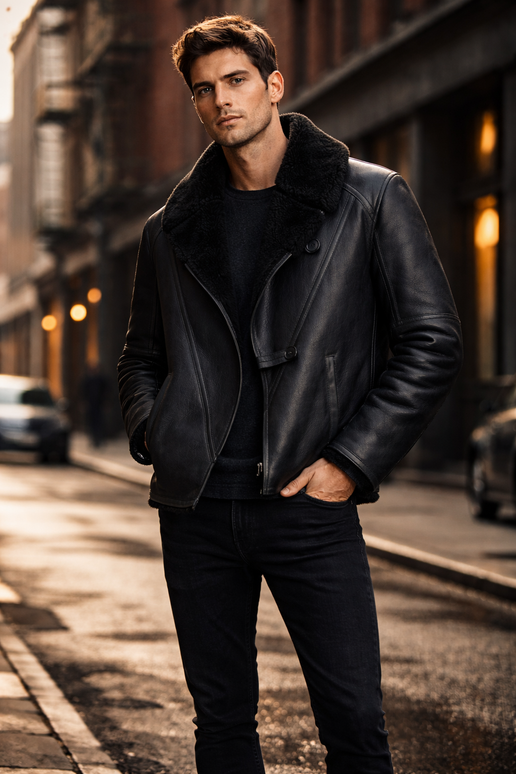 Lamb Leather and Fur Black Jacket for Men