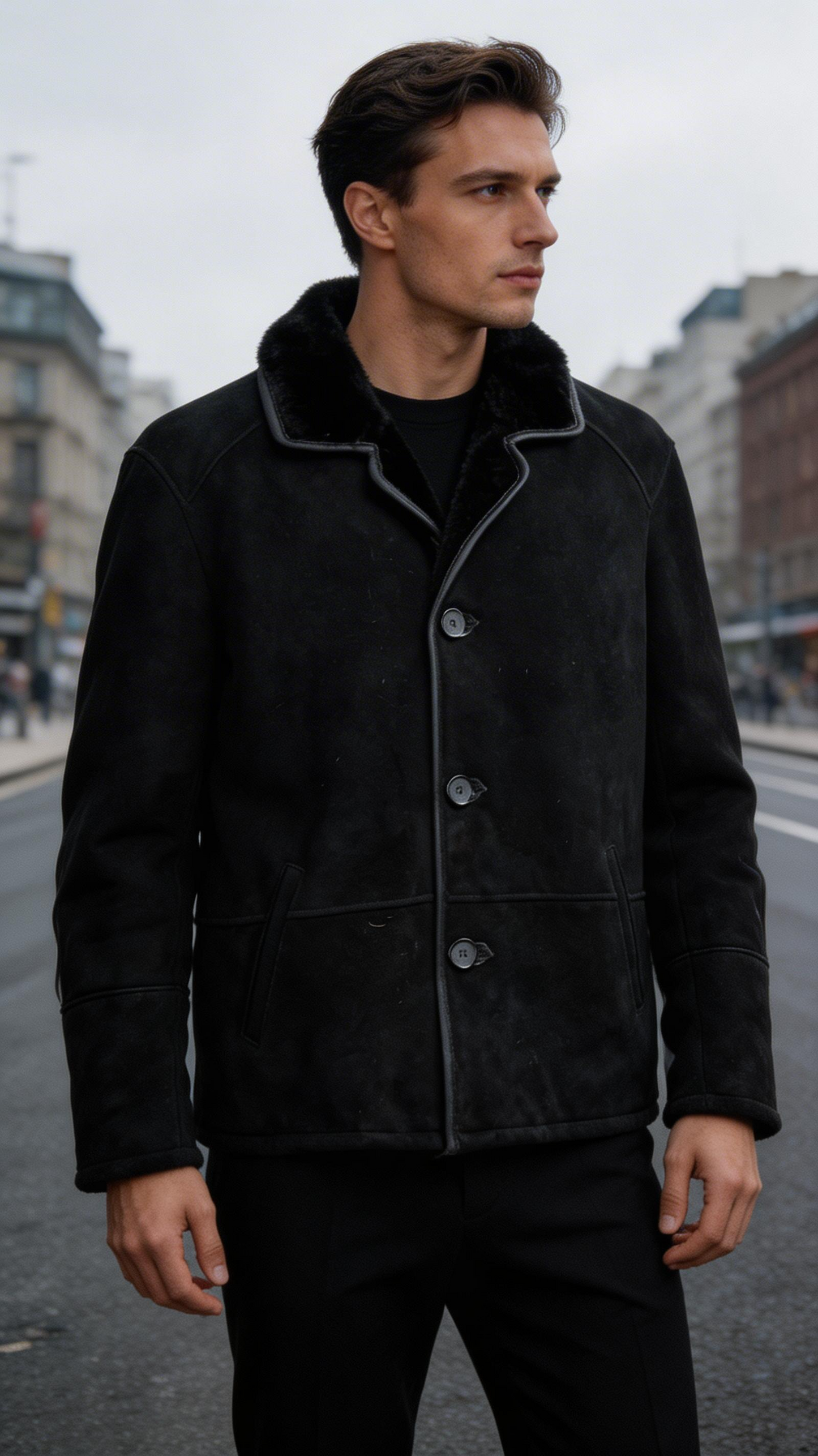 Black Fur Leather Jacket for Men