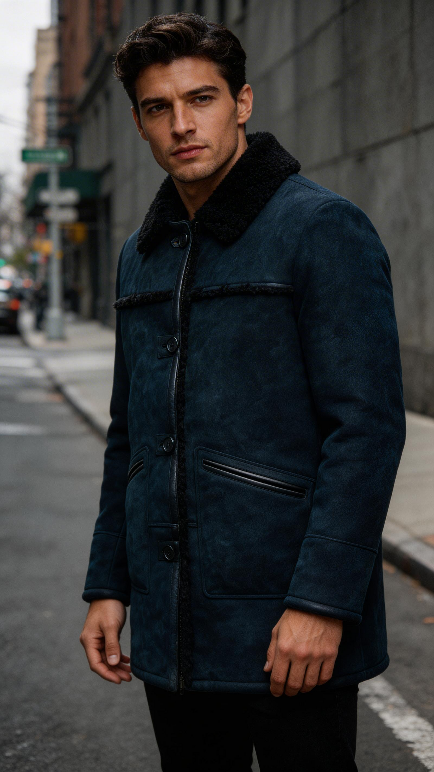 Navy Fur Leather Jacket for Men