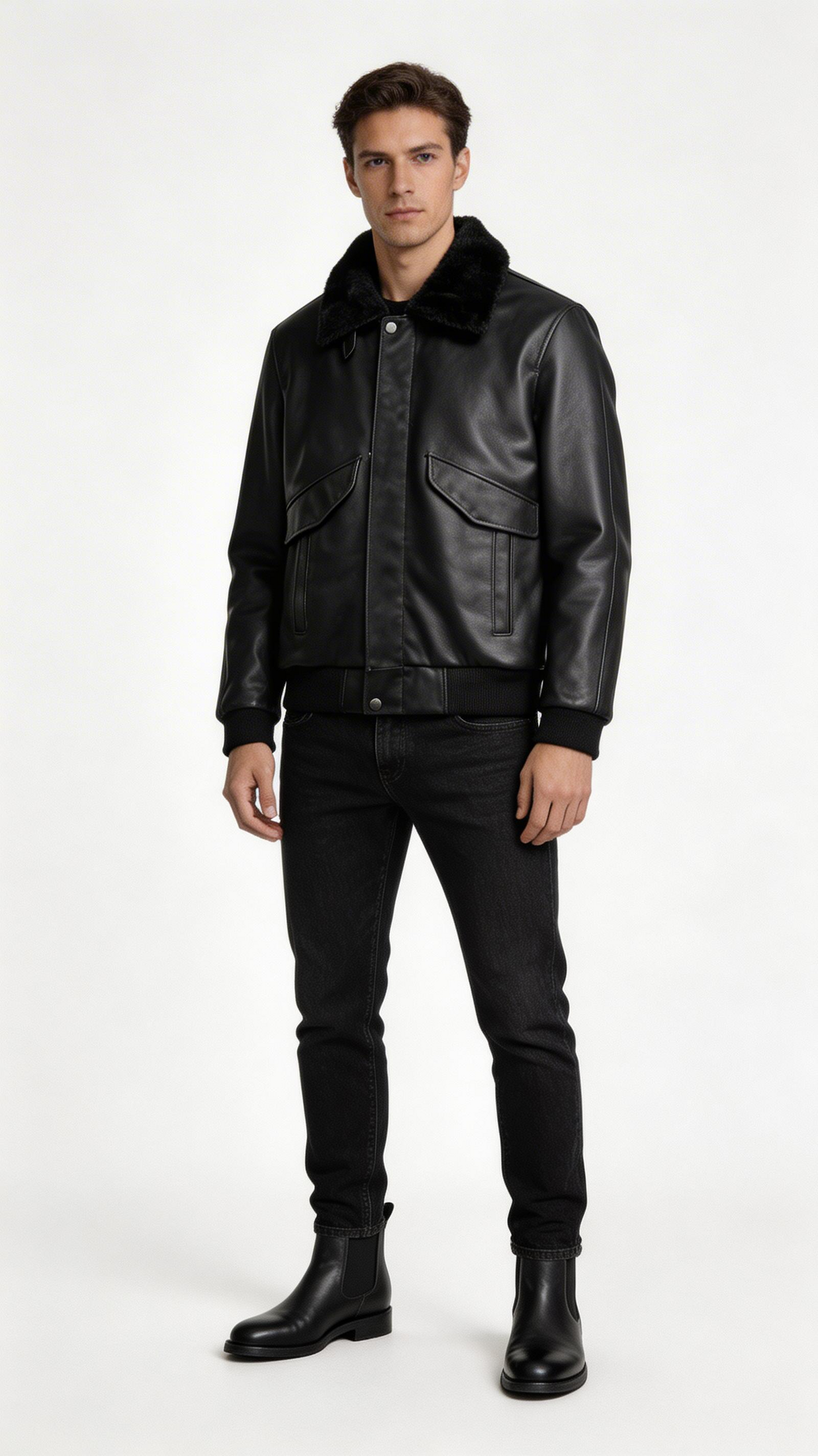Lamb Leather with Fur Black Leather Jacket for Men