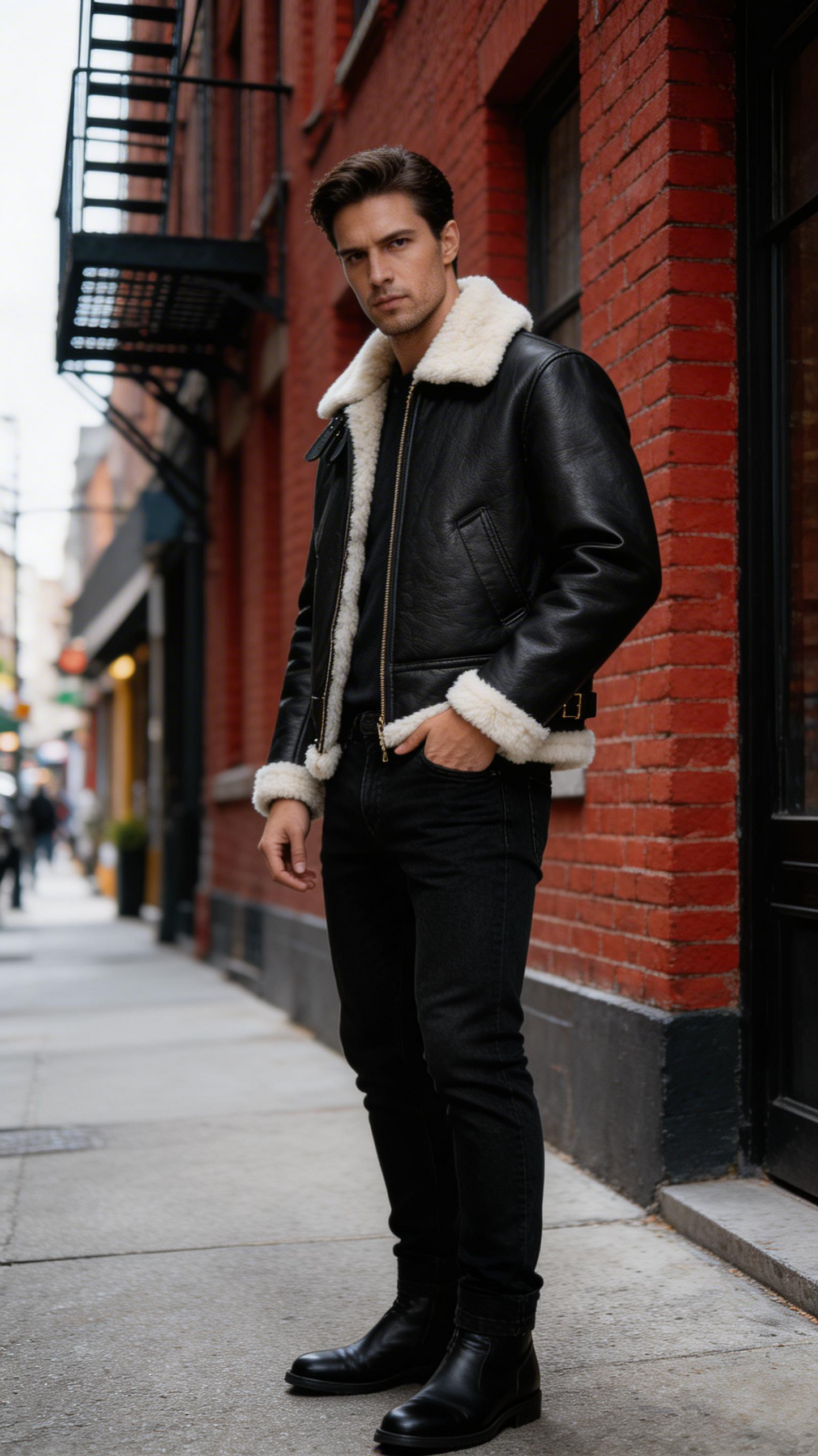 Fur Leather Black Leather Jacket for Men