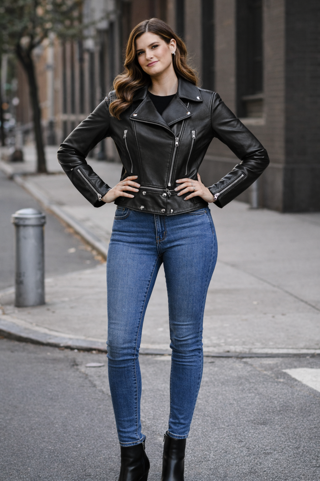 Black Zig Lamb Leather Zipper Motorcycle Women Jacket
