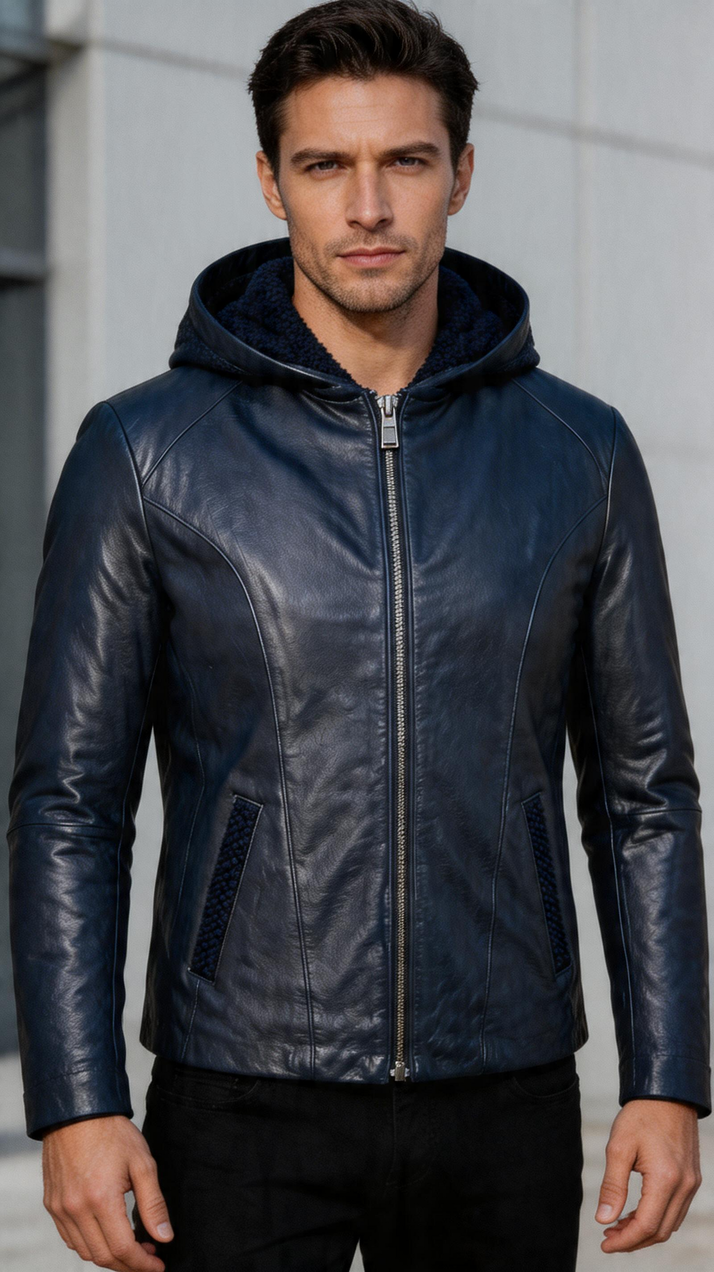 Lamb Leather Black Hooded Jacket for Men