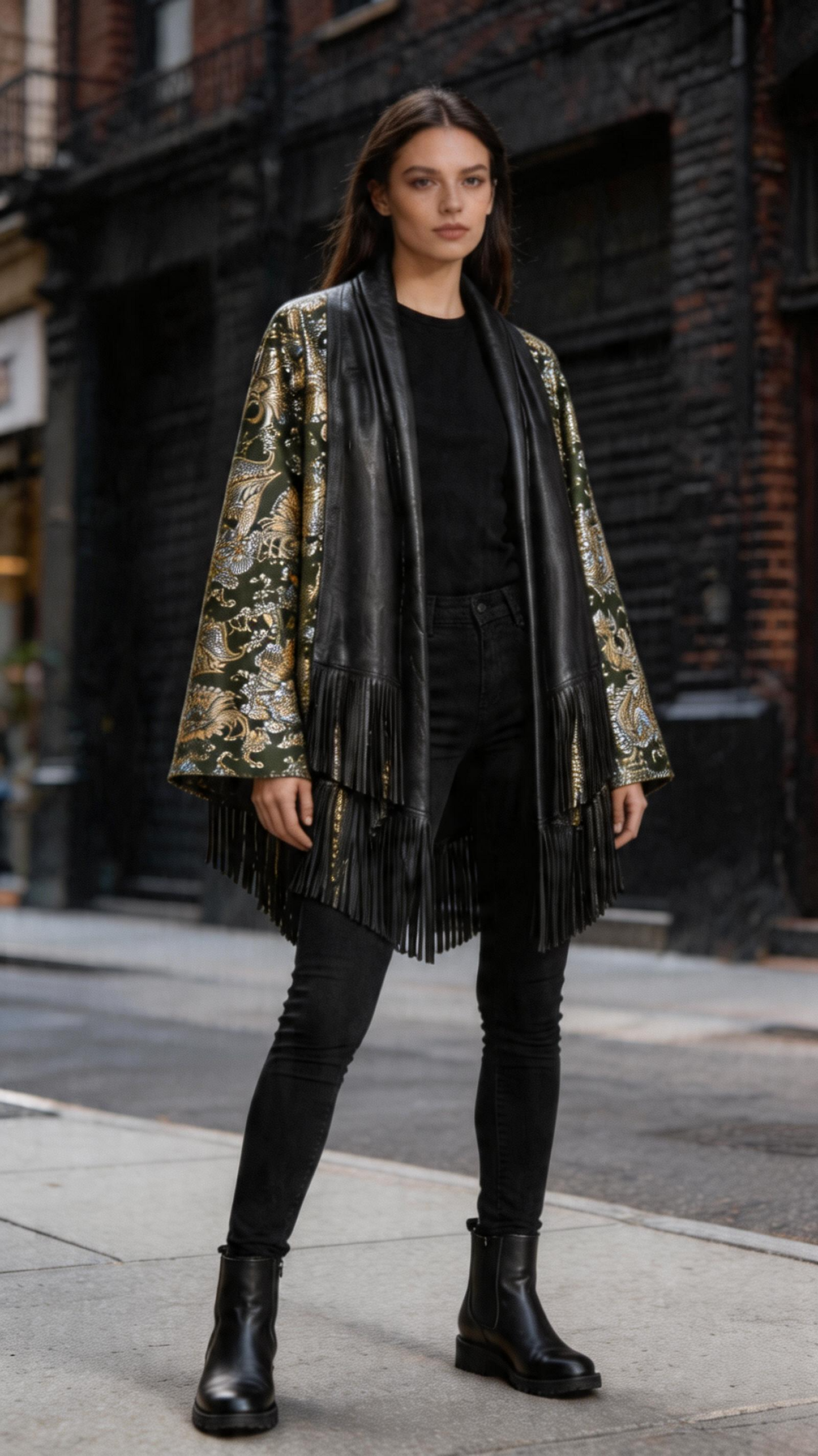 Lamb Leather Black Gold Poncho for Women