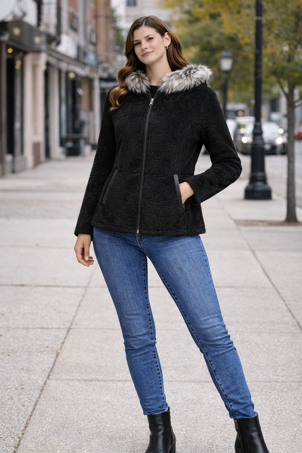 Black Full Fur hooded Women Leather Jacket