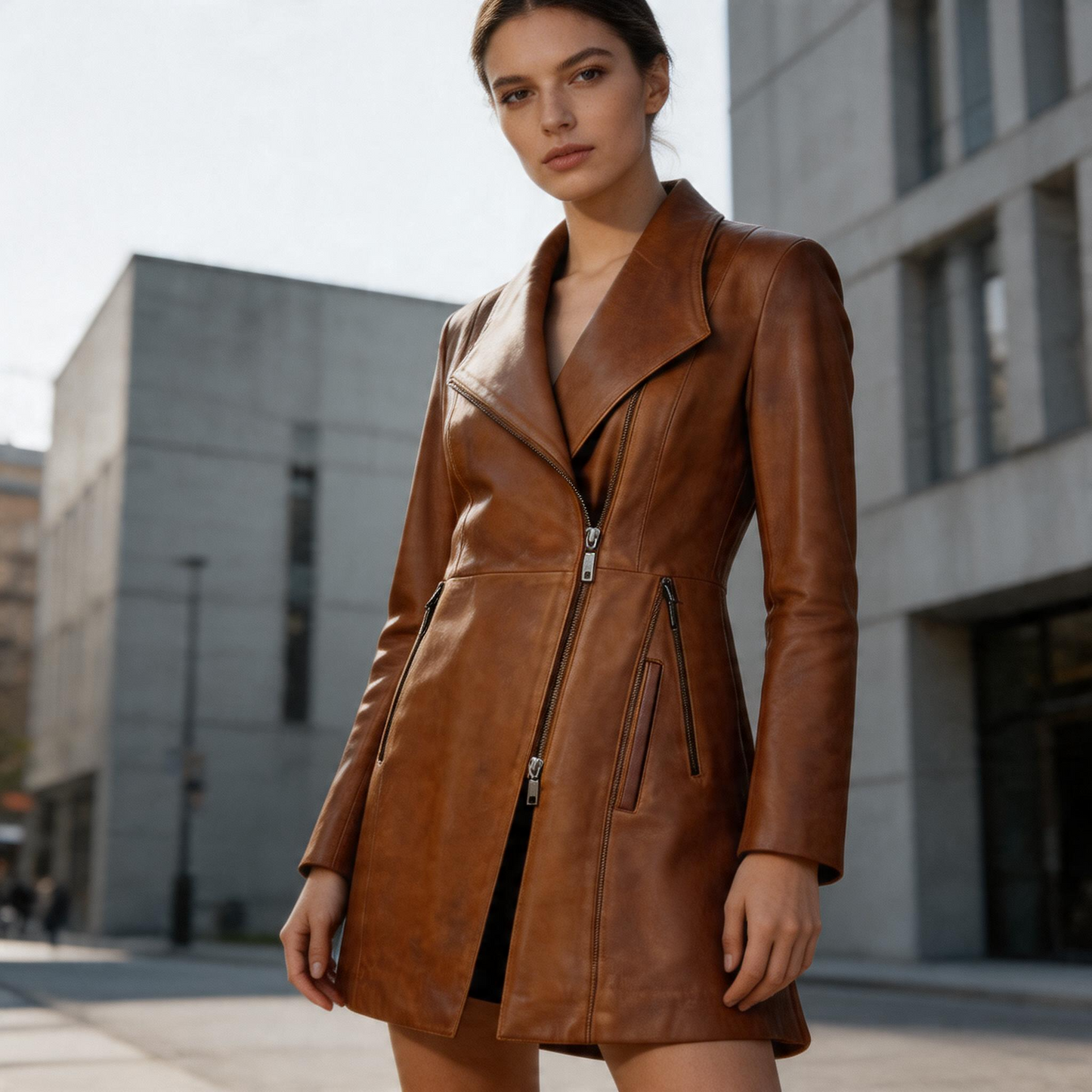 Brown Leather Long Jacket for Women