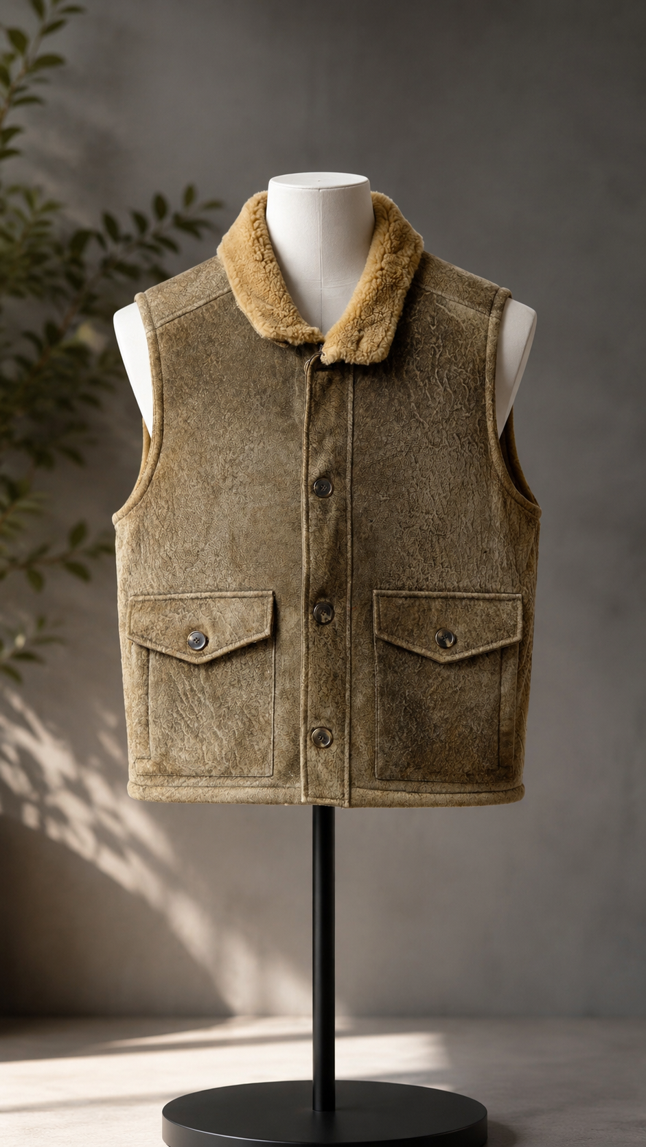 Khaki Brown Leather with Fur Waistcoat for Men