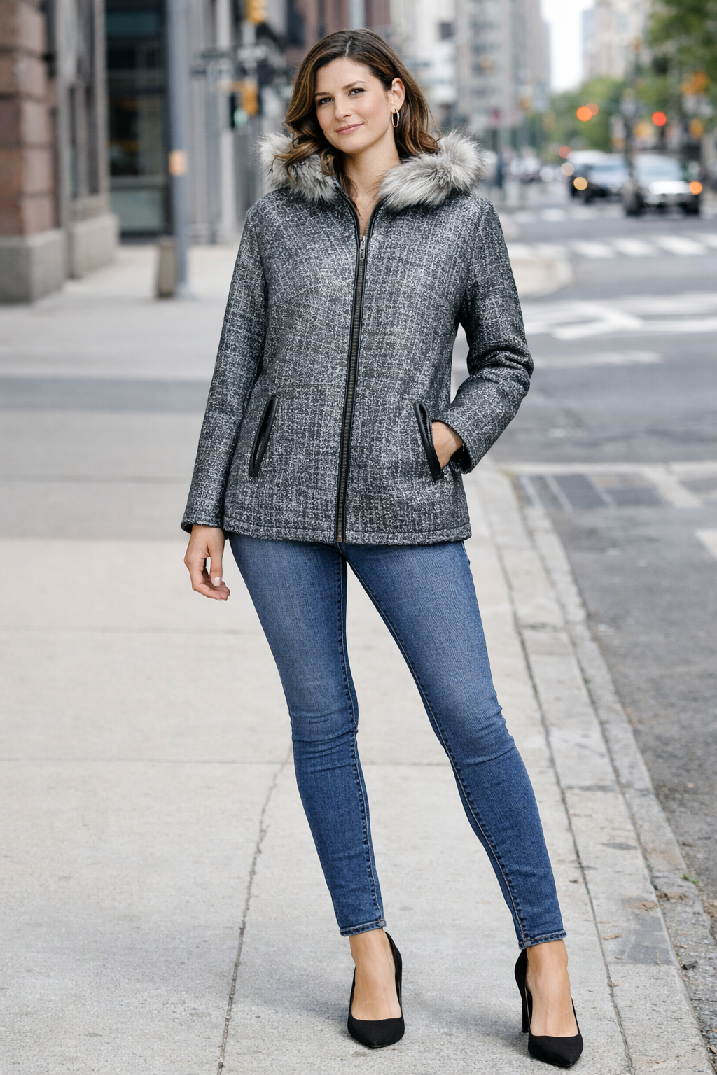 Women's Leather Jacket with Furry Lambskin and Digital Print