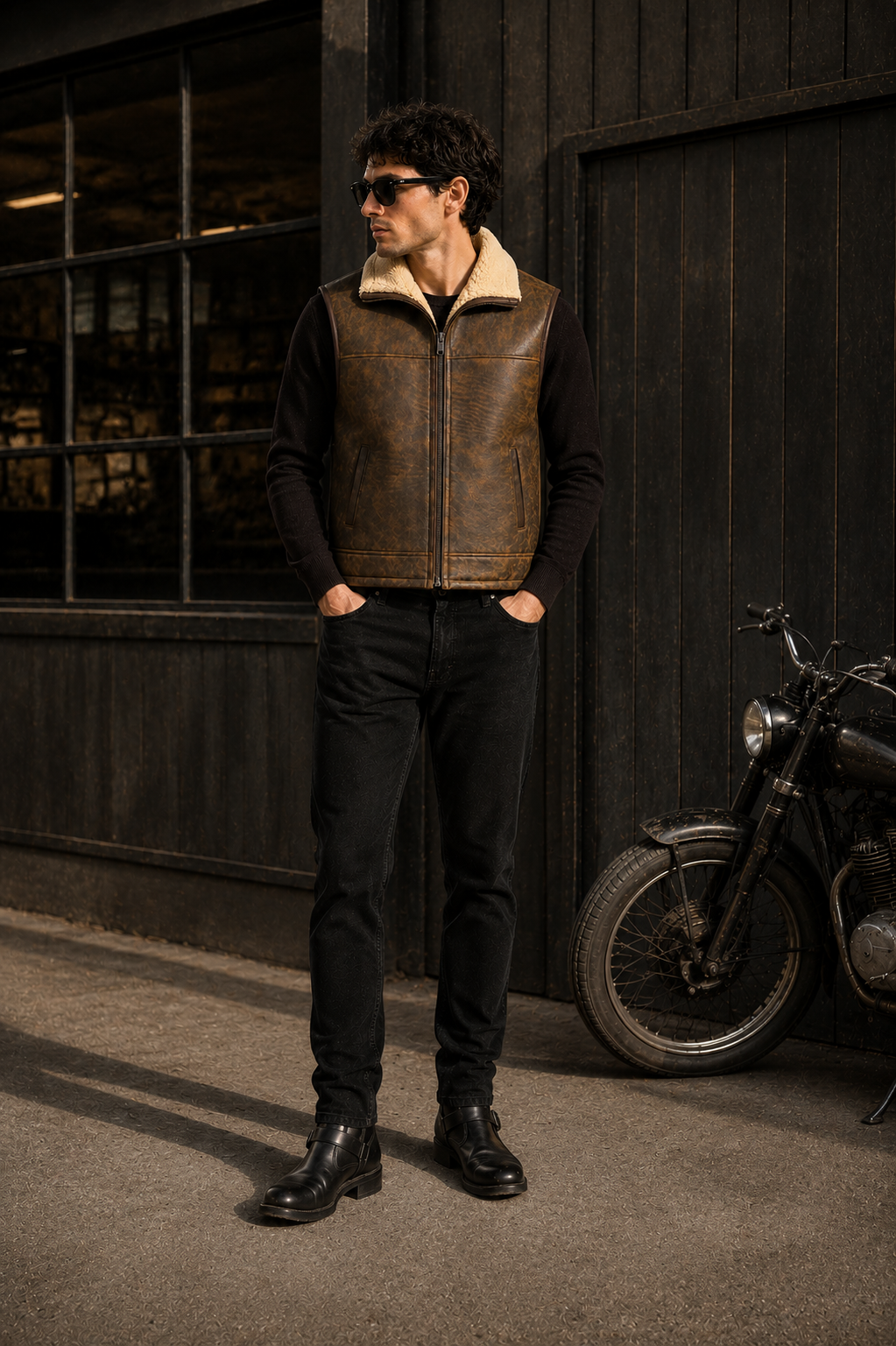 Brown and White Leather Fur Waistcoat for Men