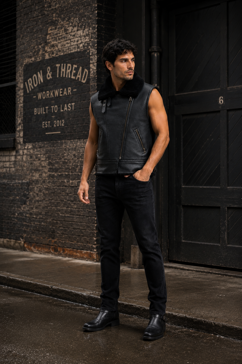 Black Leather and Fur Waistcoat for Men