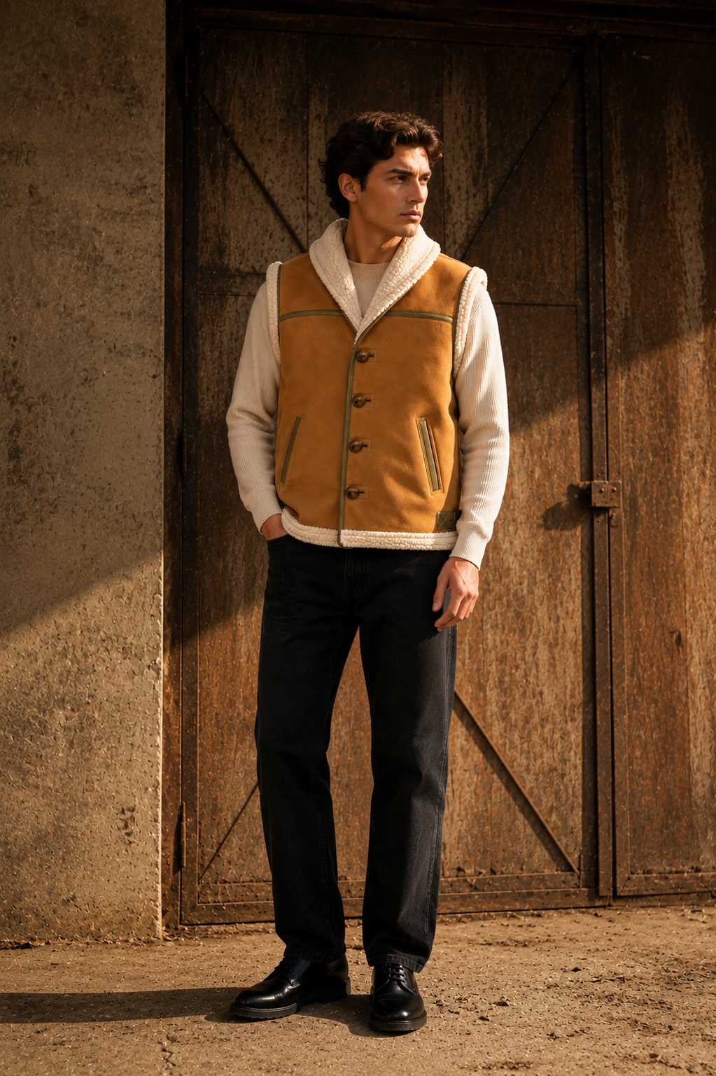 Light Brown White Lamb Fur and Leather Suede Waistcoat for Men