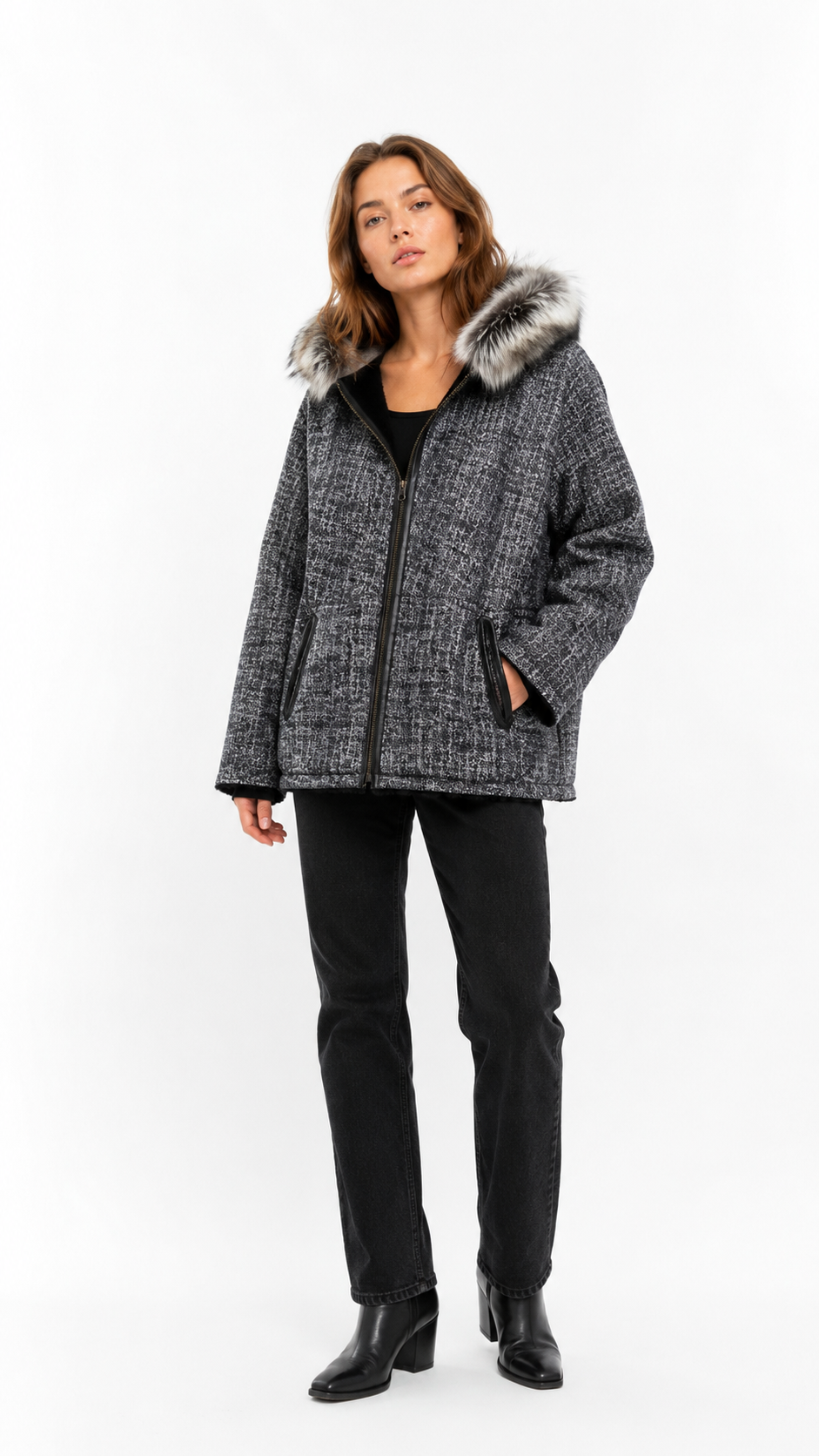 Reversible Black Leather Suede and Digital Printed Leather Hooded Jacket with Fur for Women