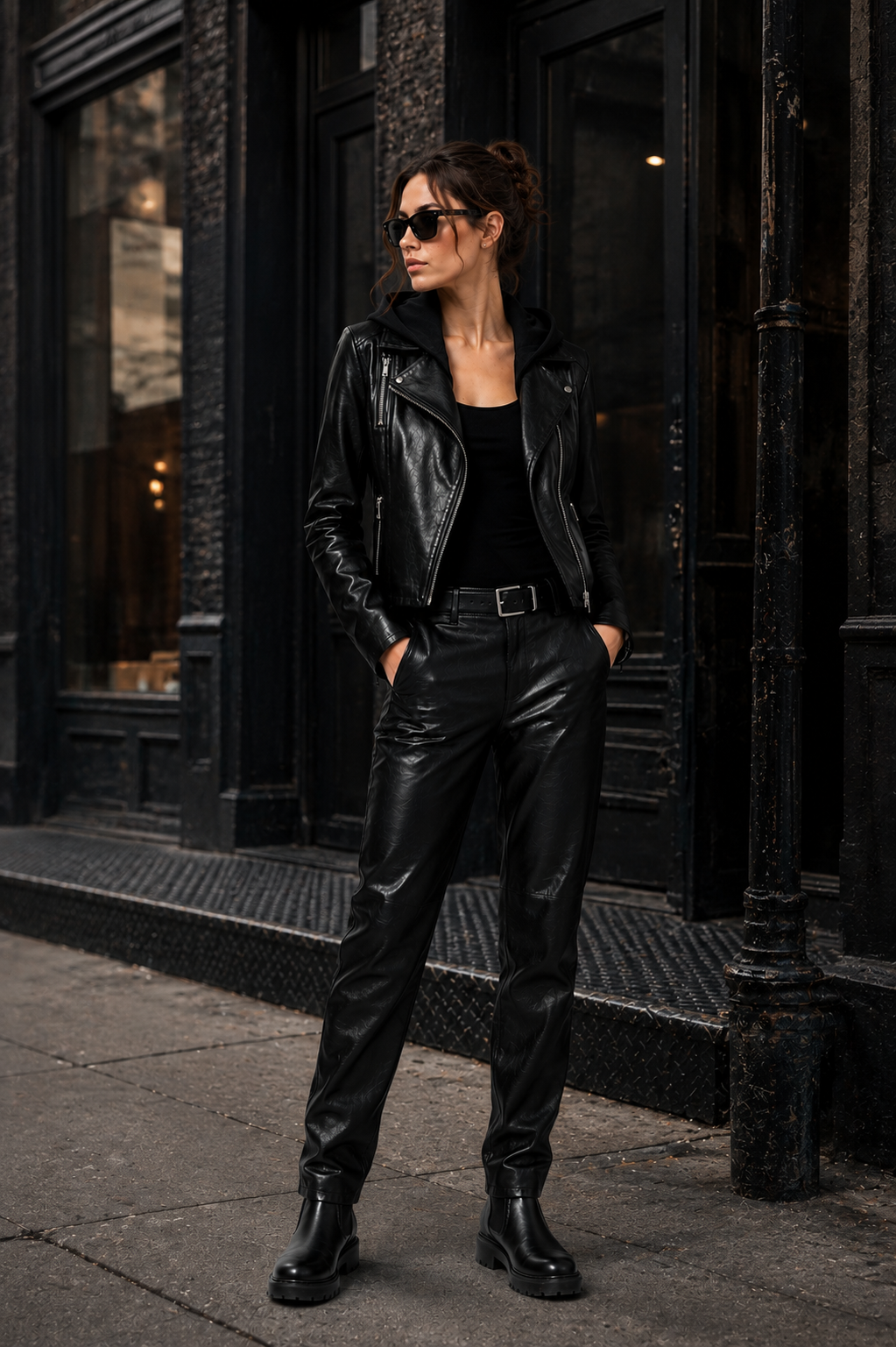Black Lamb Leather Hooded Jacket for Women
