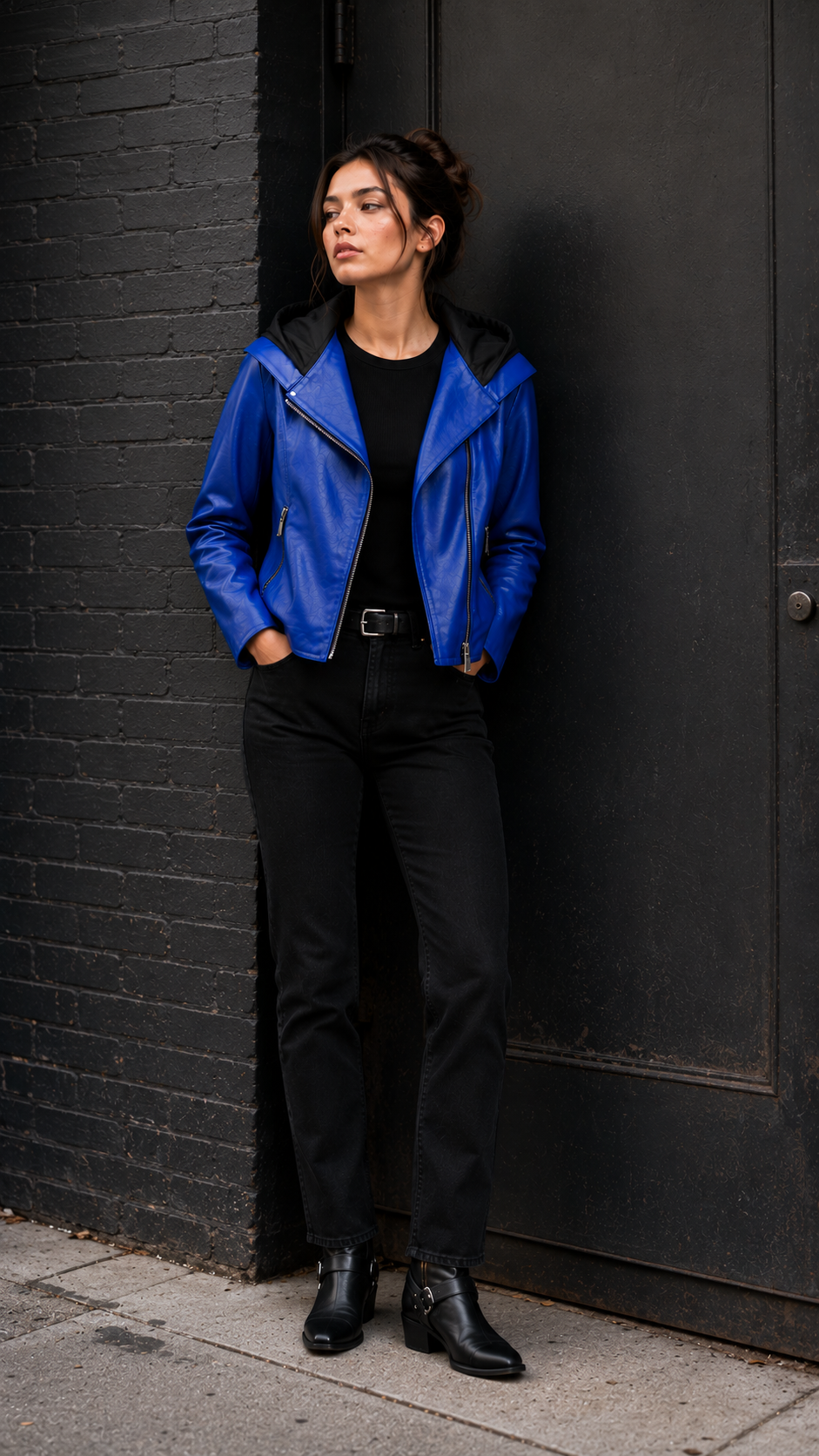 Blue Lamb Leather Hooded Jacket for Women