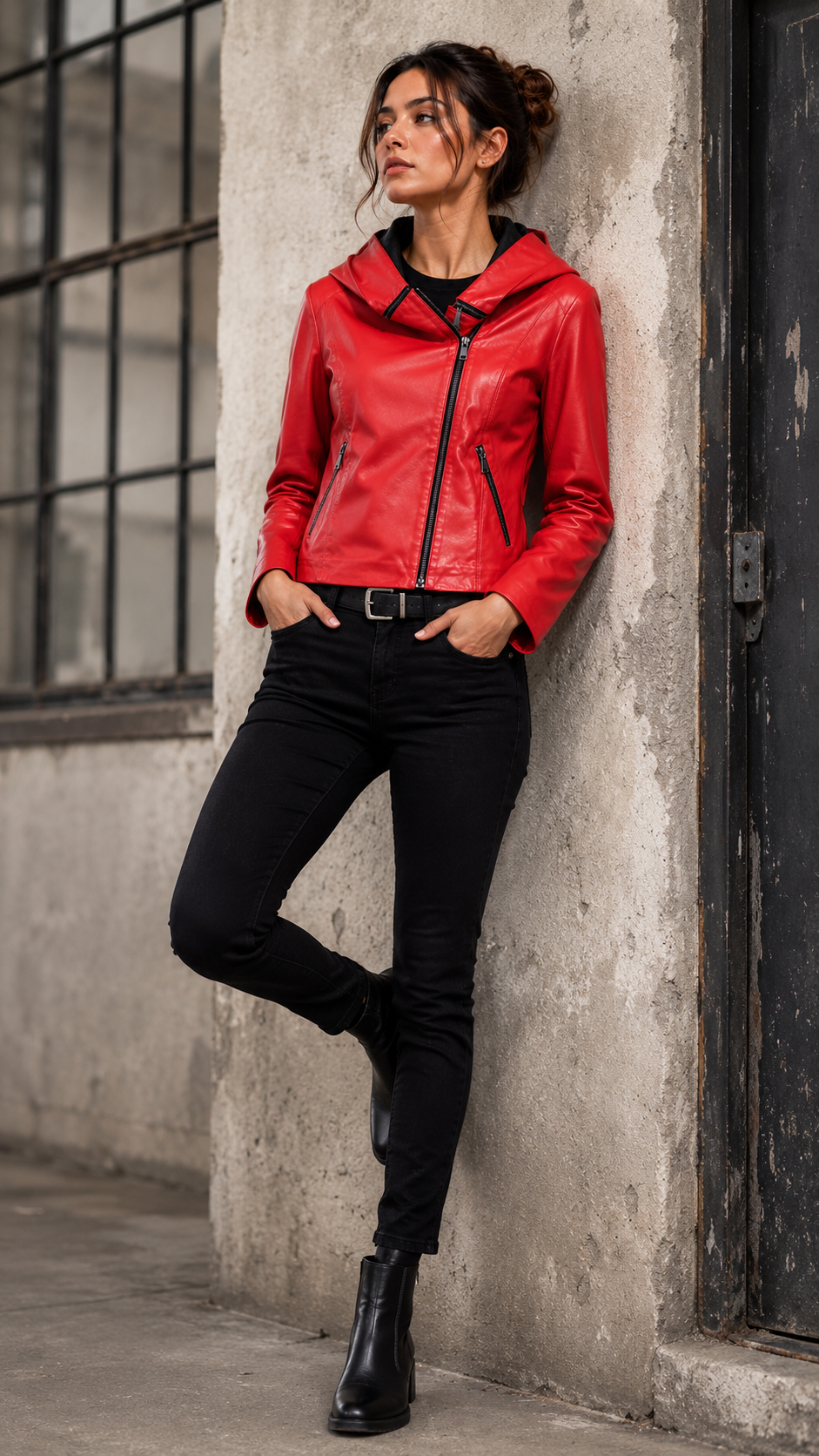 Red Lamb Leather Hooded Jacket for Women