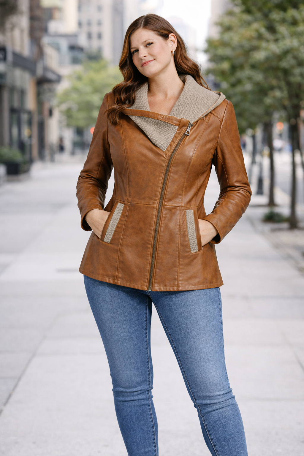 Camel Brown Zipper Women Leather Jacket