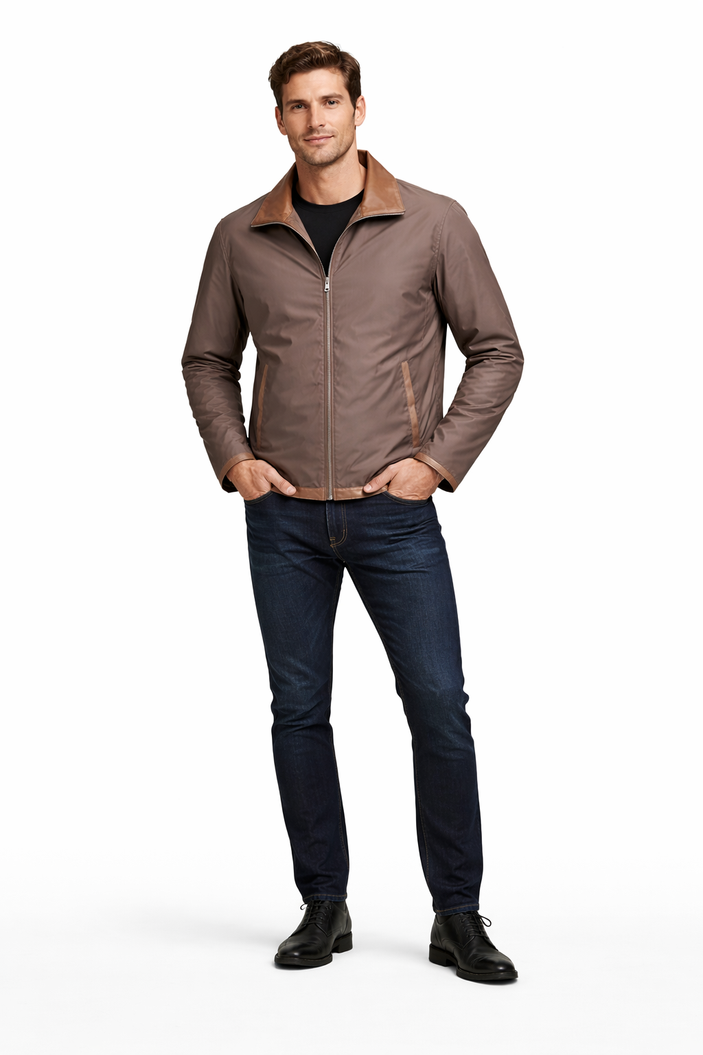 Reversble Lamb Leather and Windproof Fabric Brown Jacket for Men