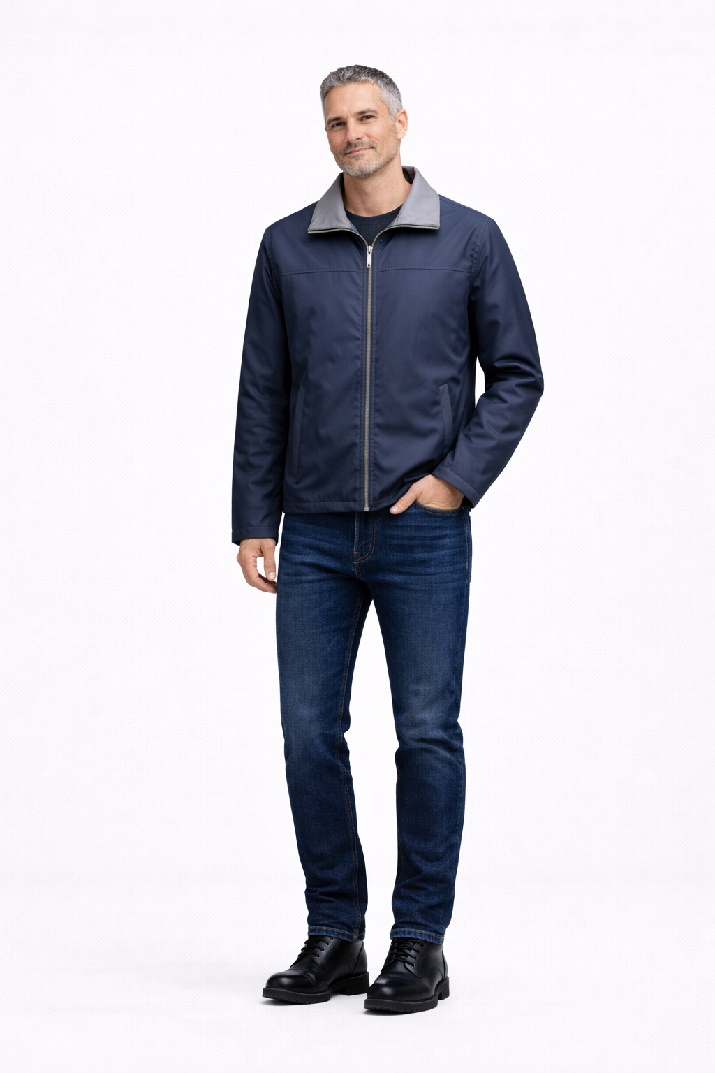 Reversble Lamb Leather and Windproof Fabric Black and Navy Blue Jacket for Men