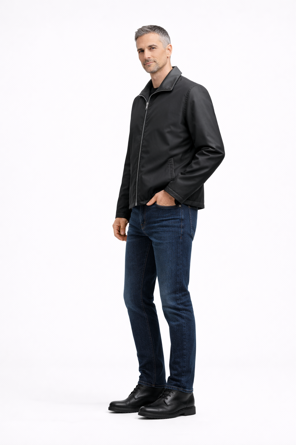 Reversble Lamb Leather and Windproof Fabric Black Jacket for Men