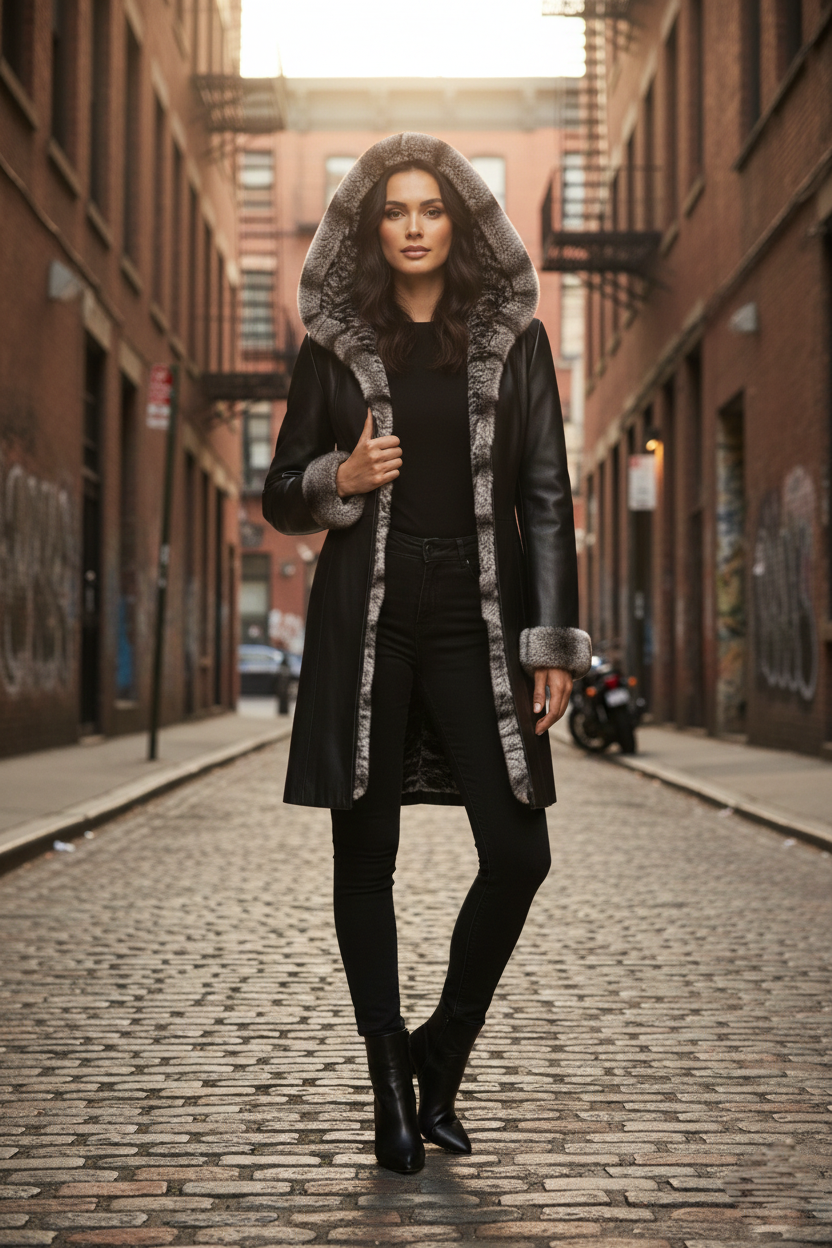 Lamb Leather Black Leather with Rex Fur Jacket for Women Long Model