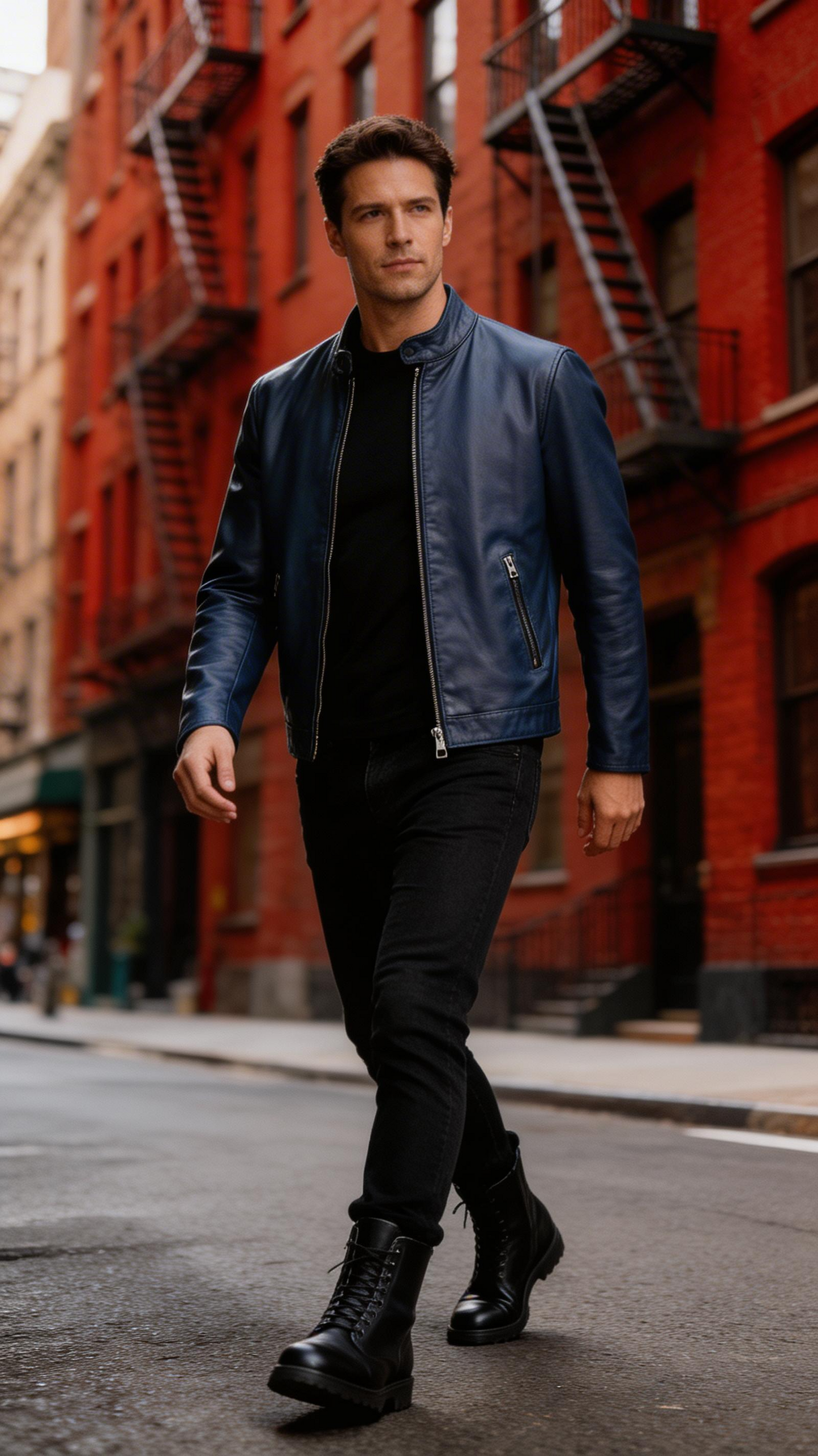 Lamb Leather Navy Blue Leather Jacket for Men