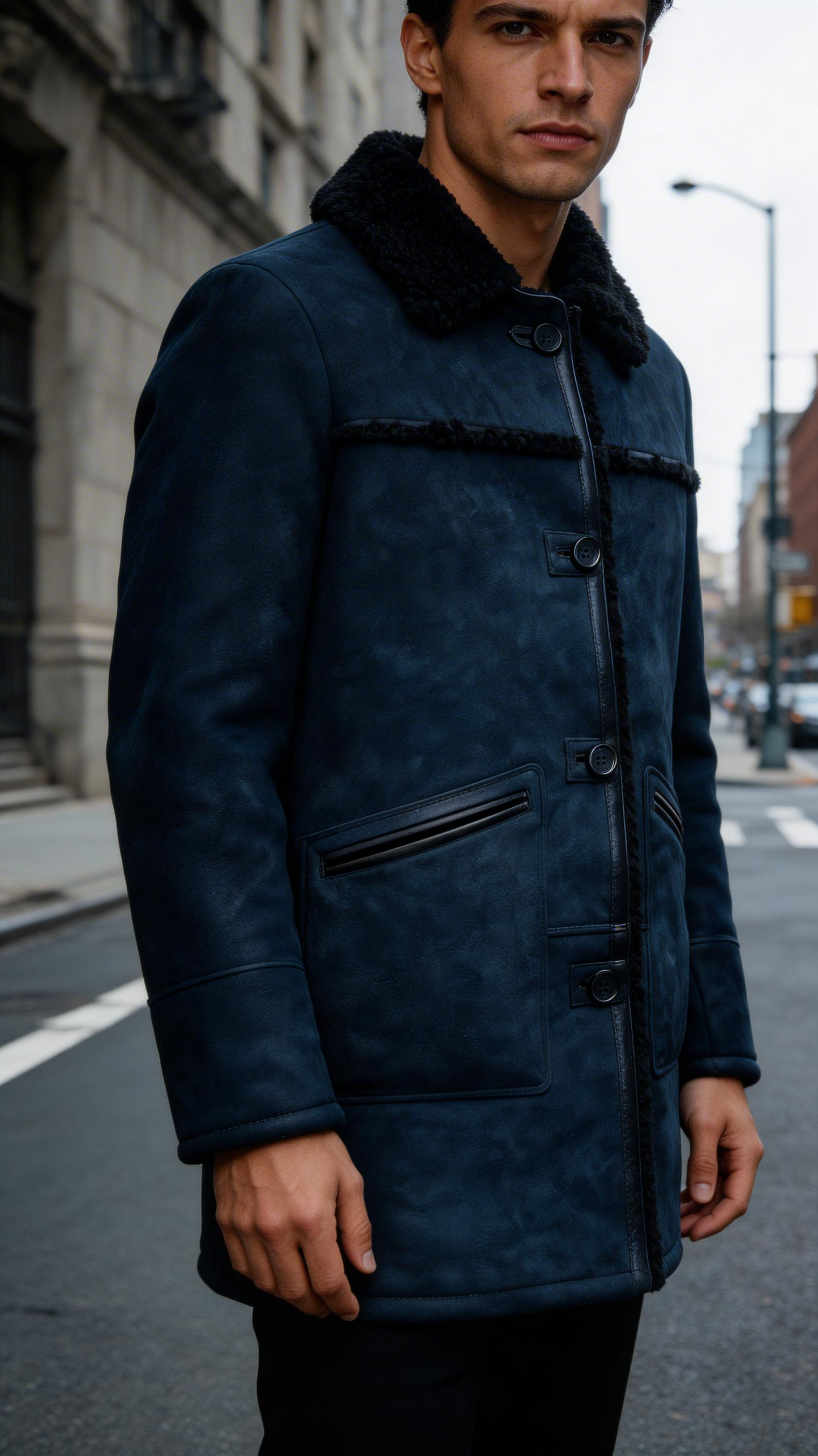 Navy Fur Leather Jacket for Men