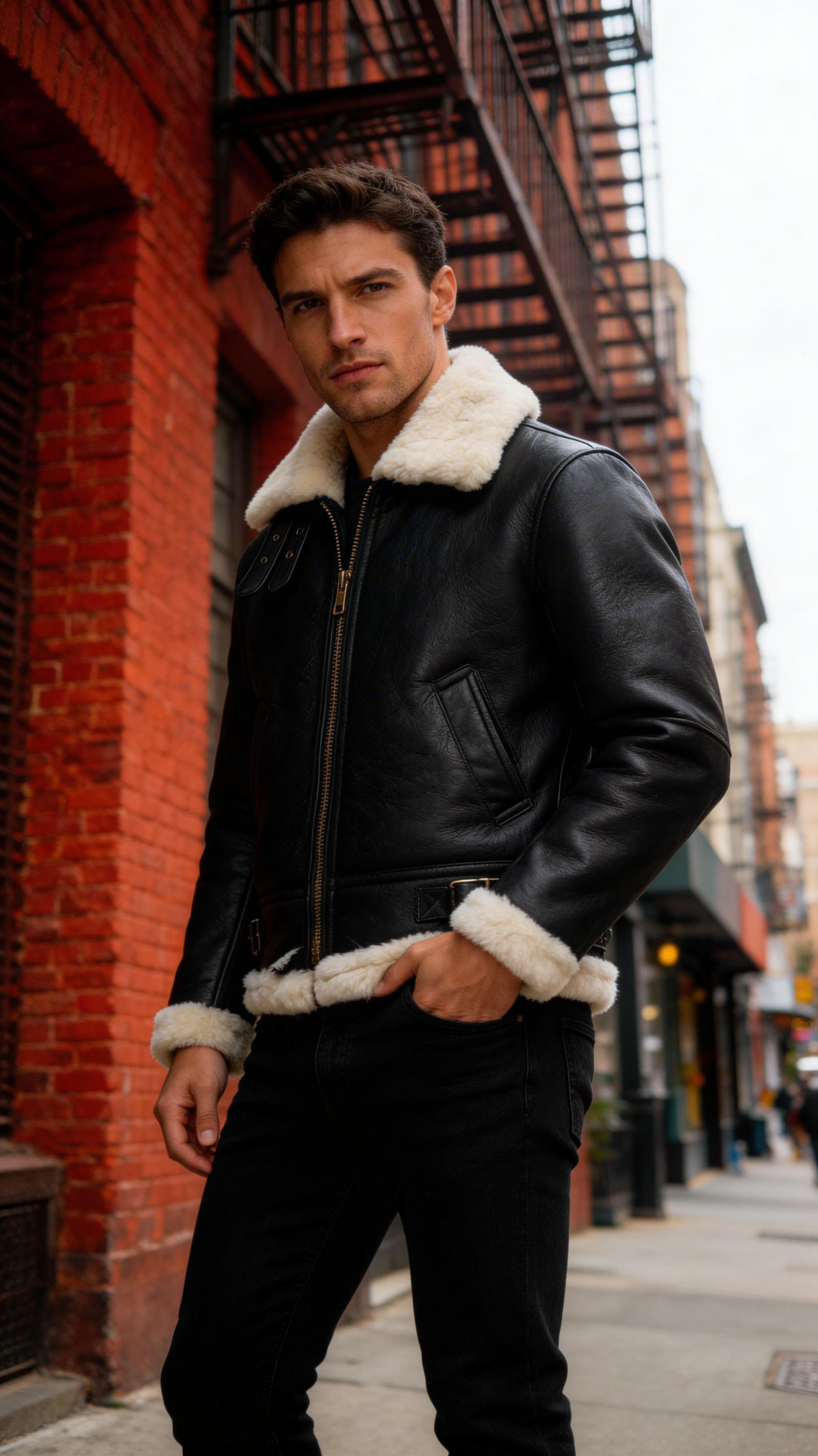 Fur Leather Black Leather Jacket for Men