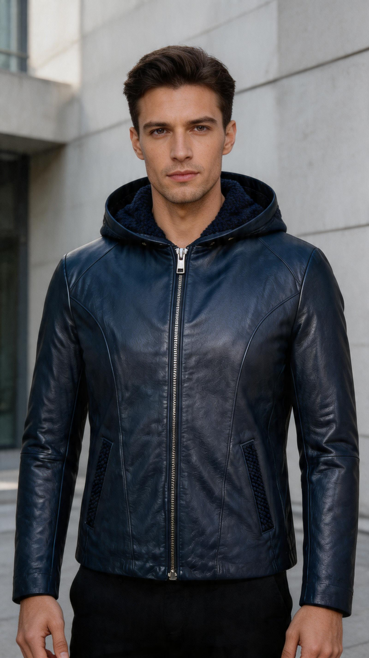Lamb Leather Black Hooded Jacket for Men