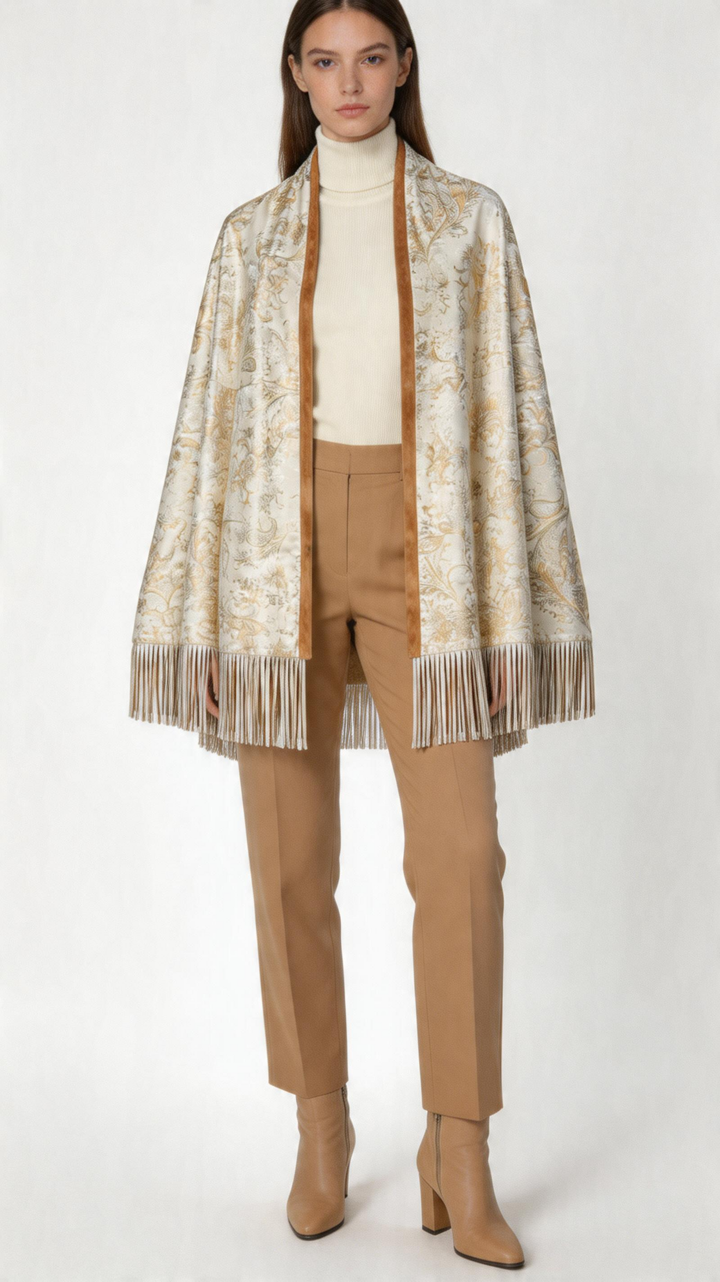 Lamb Leather Beige White Poncho for Women