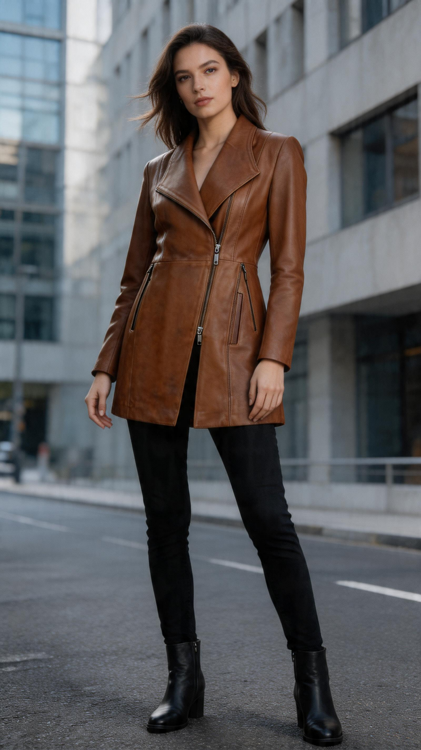Brown Leather Long Jacket for Women