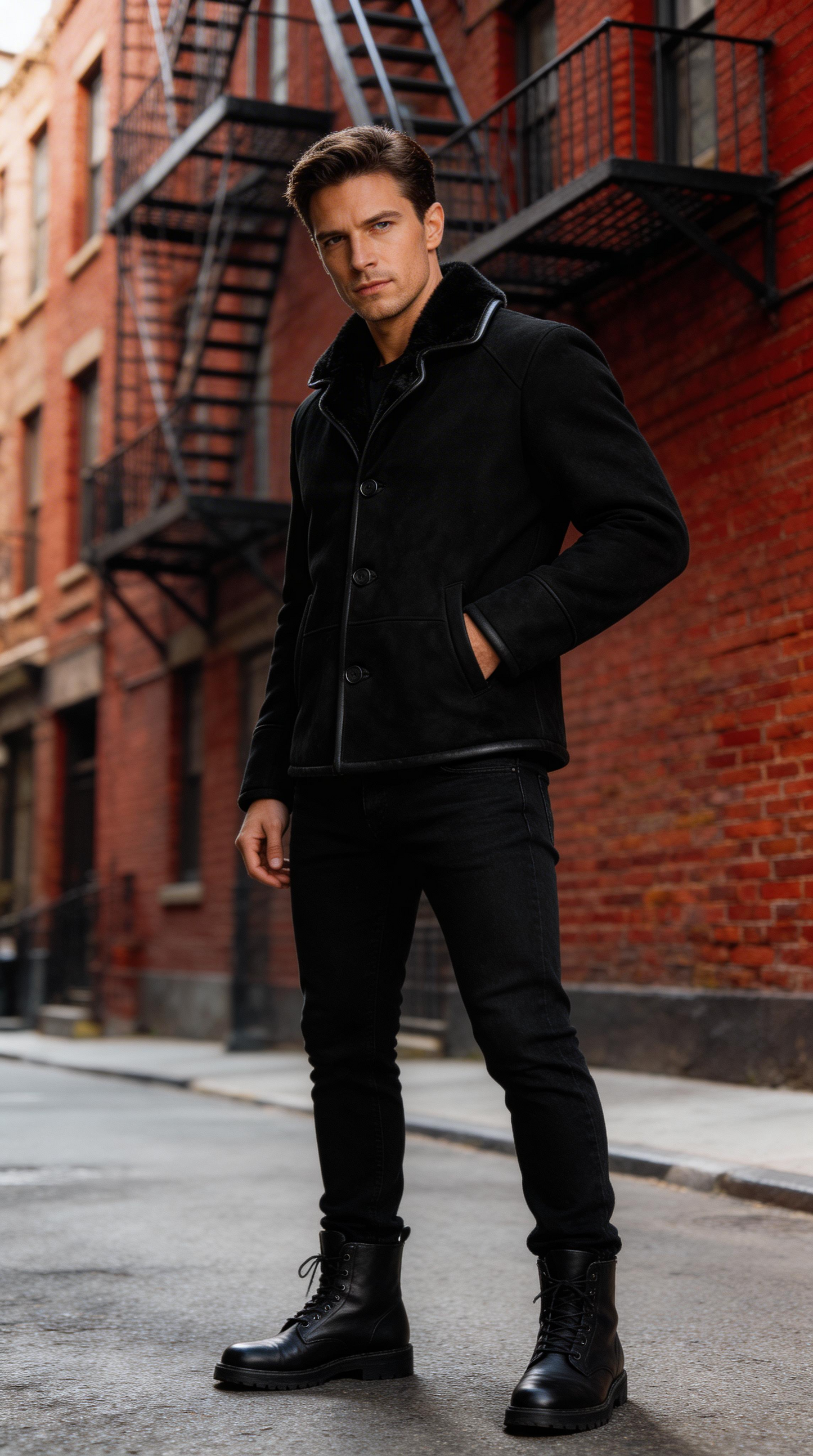 Black Fur Suede Leather Jacket for Men
